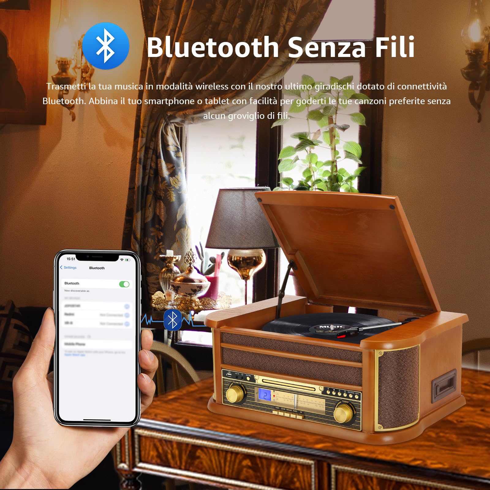 MUSITREND Lettore di dischi vintage Giradischi Bluetooth wireless a 3 velocità con altoparlanti stereo integrati, radiofonografo AM/FM, jack da 3,5 mm, CD/Cassette, AUX in RCA out, riproduzione USB