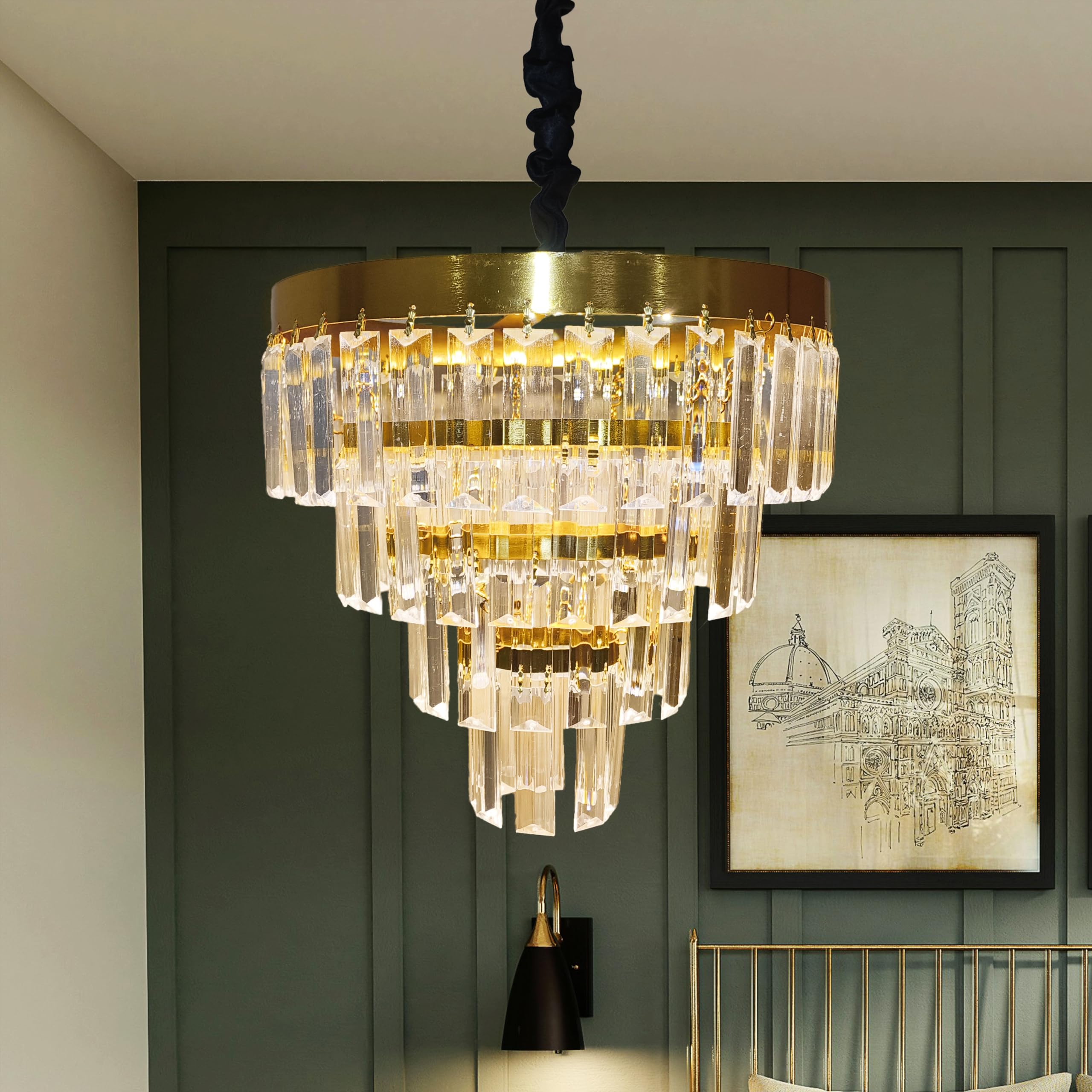 Decorativehut 12 Inches Luxurious Round Crystal Chandelier for Home Decor, Ceiling Lights for Restaurant/Hall/Hotel/Bedroom/Home & Office, Jhoomer Lights, jhumar for Diwali, Golden, (Bulbs Included)-image-24
