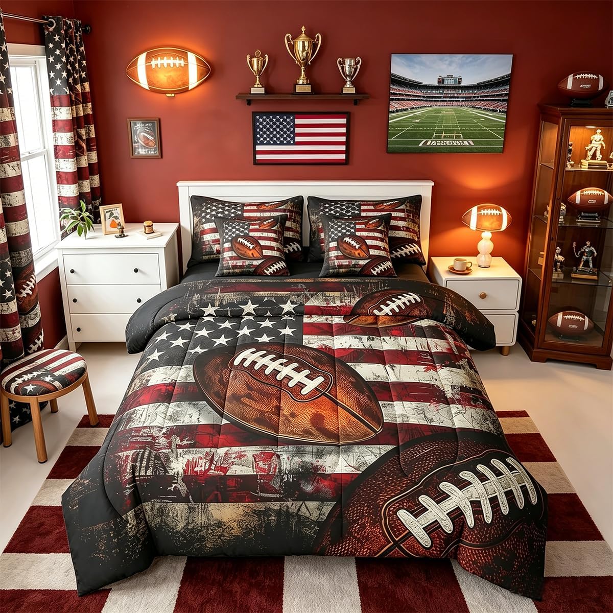 Feelyou Boys Football Comforter Set Kids Girls Queen Size 7 Pieces American Flag Bedding Set Rugby Gaming Sports Sports Theme Bed in a Bag with Comforter, Sheets, Pillowcases & Cushion Cover