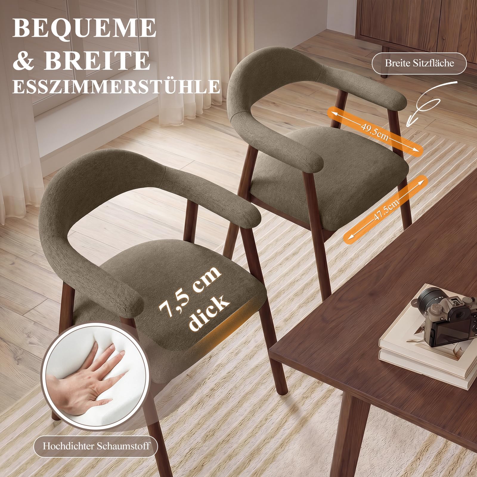 MALOL 4er Set Stoffsessel Esszimmerstühle, gepolsterte Esszimmerstühle mit gebogener Rückenlehne und Holzbeinen, Mid-Century-Modern Küchenstühle für Küche und Esszimmer, Kamel