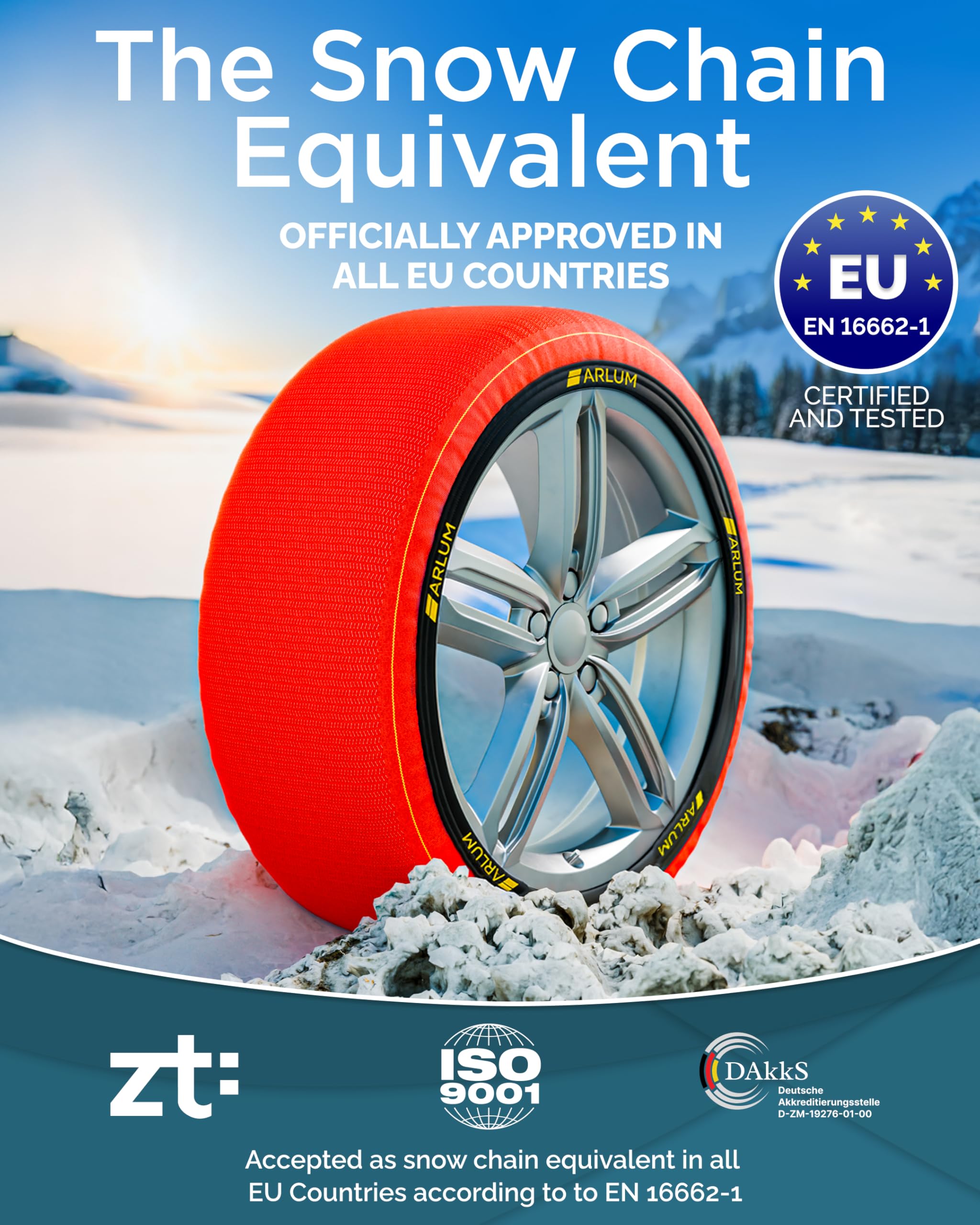 ARLUM Fundas Rueda Nieve para Coche Homologado EN 16662-1 - Dos Cadenas Nieve de Tela para Coche. Snow Sock Talla XL para R14-R22 (Tamaños de Neumáticos Detallados en el Interior) (Control, XL)