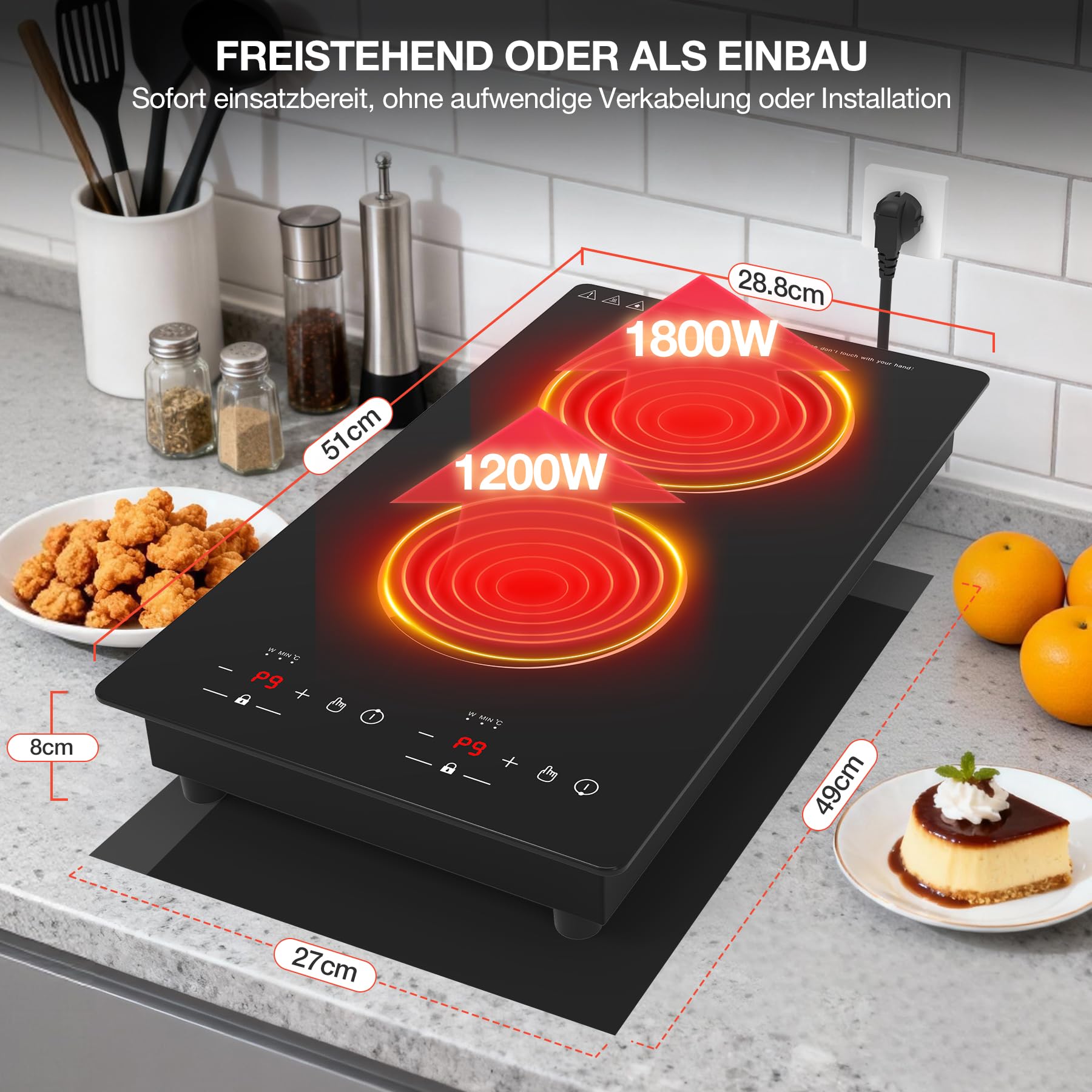 Induktionskochfeld 2 Platten 3000W, Domino Elektrokochfeld 30cm Einbau und Freistehend, Tragbare Doppelkochplatte mit Timer & Restwärmeanzeige für Studio, Kleine Küche und Wohnmobil