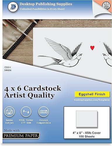 Cartulina de 4 x 6 pulgadas, acabado de cáscara de huevo blanca para artistas, cubierta de 65 libras (6.24 ozm), (100 hojas), funciona en impresoras