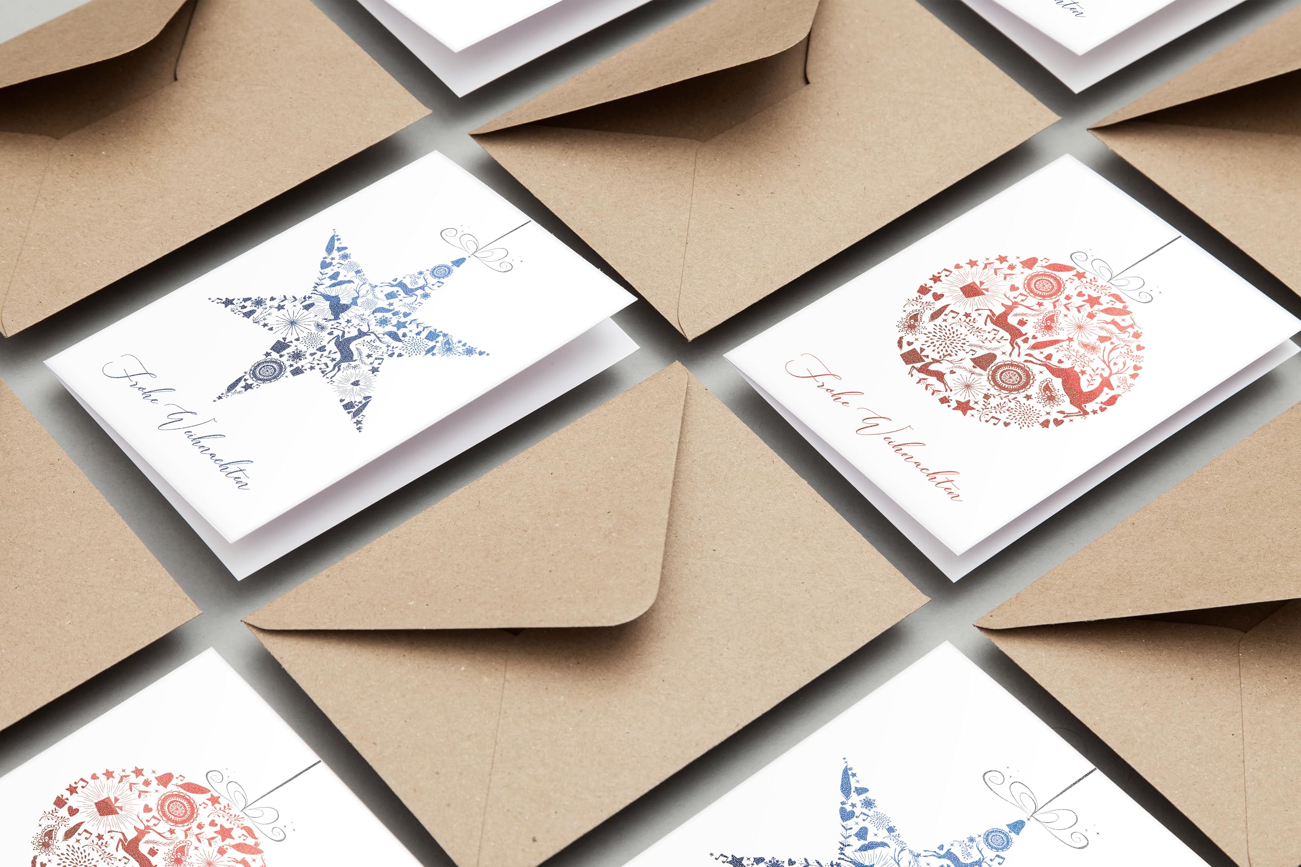 Set 20 Biglietti Di Natale Con Buste Kraft – Formato A6 (10,5x15cm) – Motivi Albero, Renna, Babbo Natale – Carta 250g/m²