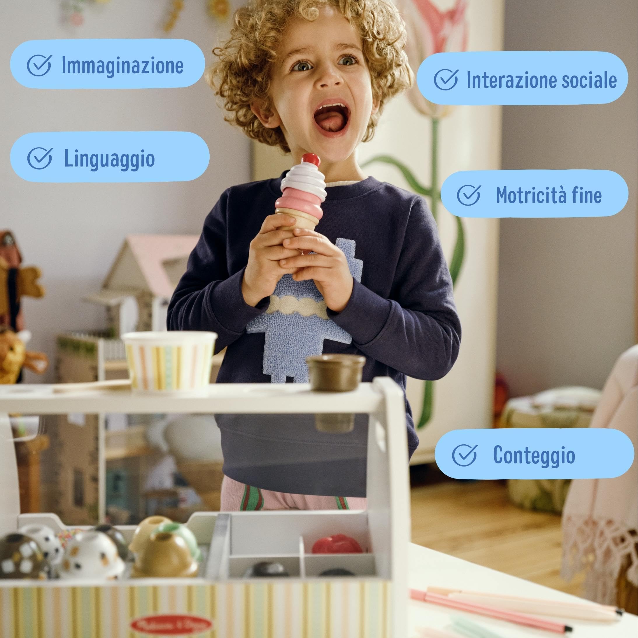 Melissa & Doug Banchetto dei Gelati - Gelateria in Legno, Giocattolo Gelato Finto, Gioco di Imitazione Montessori, Regalo per Bambini e Bambine, 3+ Anni