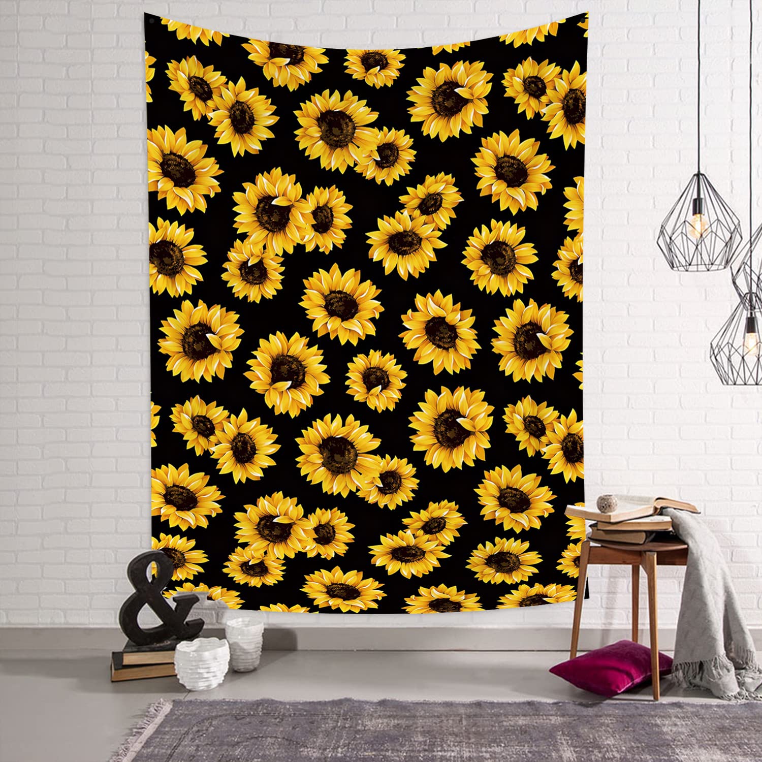Yellow Sunflowers Tapestry Black Vertical Tapestry Farmhouse Summer Plant Floral Tapestries Wall Hanging Art 59"Wx78.7"L(150x200cm) for Bedroom Living Room Dorm Decor