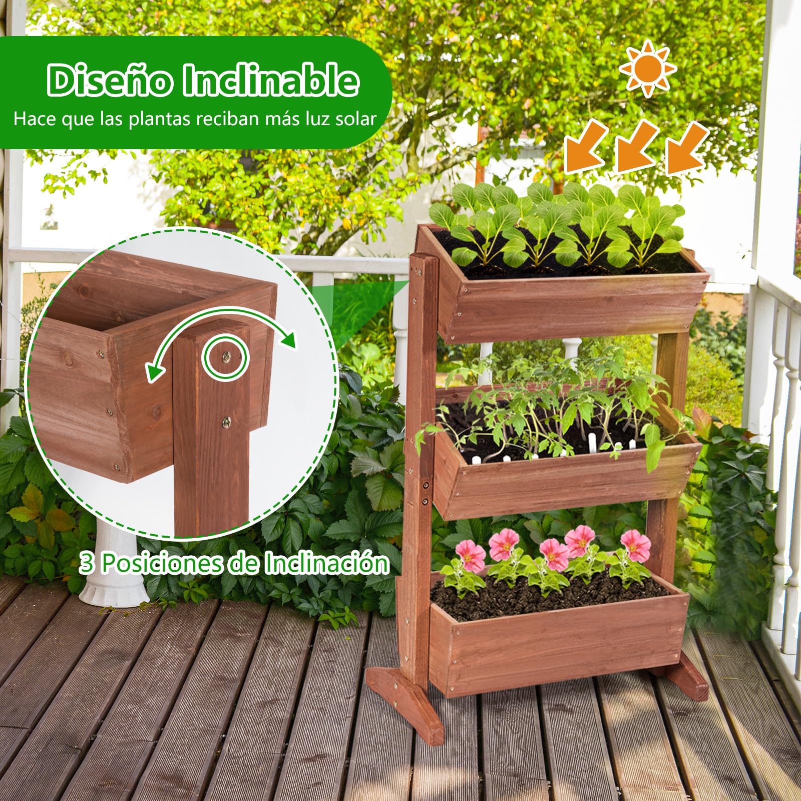 GOPLUS Jardinera Vertical de Madera de Abeto 3 Niveles, Cama Elevada de Jardín con Agujeros de Drenaje y Ángulo Ajustable, para Plantas Flores Verduras Macetas, Balcón Terraza, 71x38x105cm