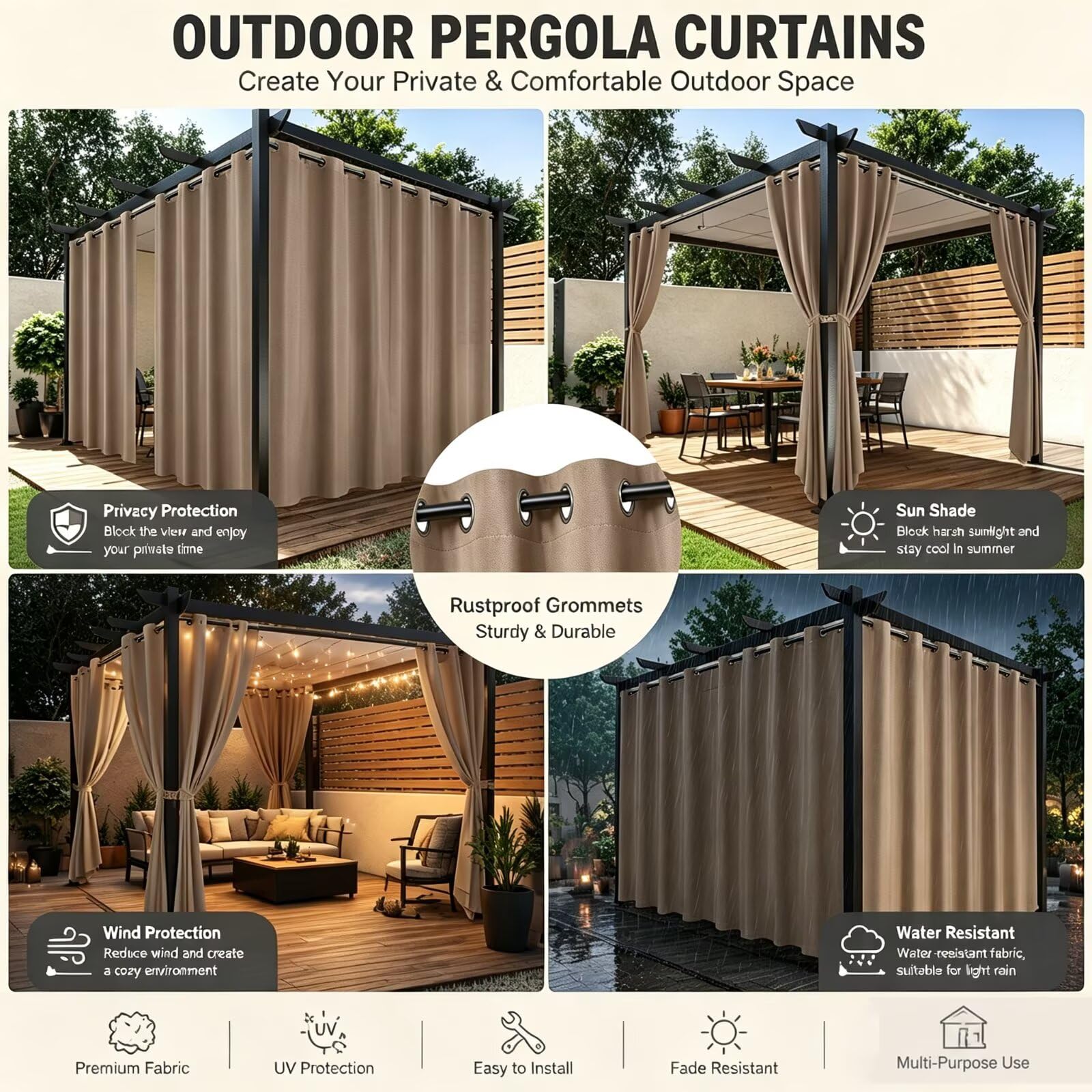 Rideau occultant extérieur imperméable pour pergola H213x L266cm Brun clair