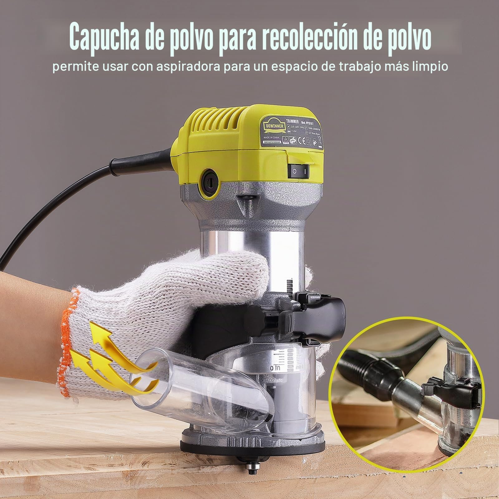 Dewinner Fresadora de Madera Rebajadora Eléctrica 710W 13000-33000RPM, Grabado Fresa Para Biselar,3 Alicates de 1/4'' , 6 mm y 8 mm, 6 Velocidades Variables, Profesión de Laminadora Fresa con Rodam