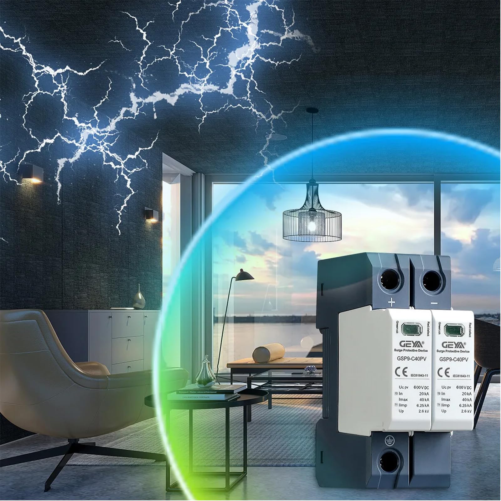 GEYA Solare fotovoltaico a bassa tensione Protezione contro le sovratensioni guida DIN 20KA-40KA scaricatore di sovratensione protezione da fulmine DC (3P,DC1000V)
