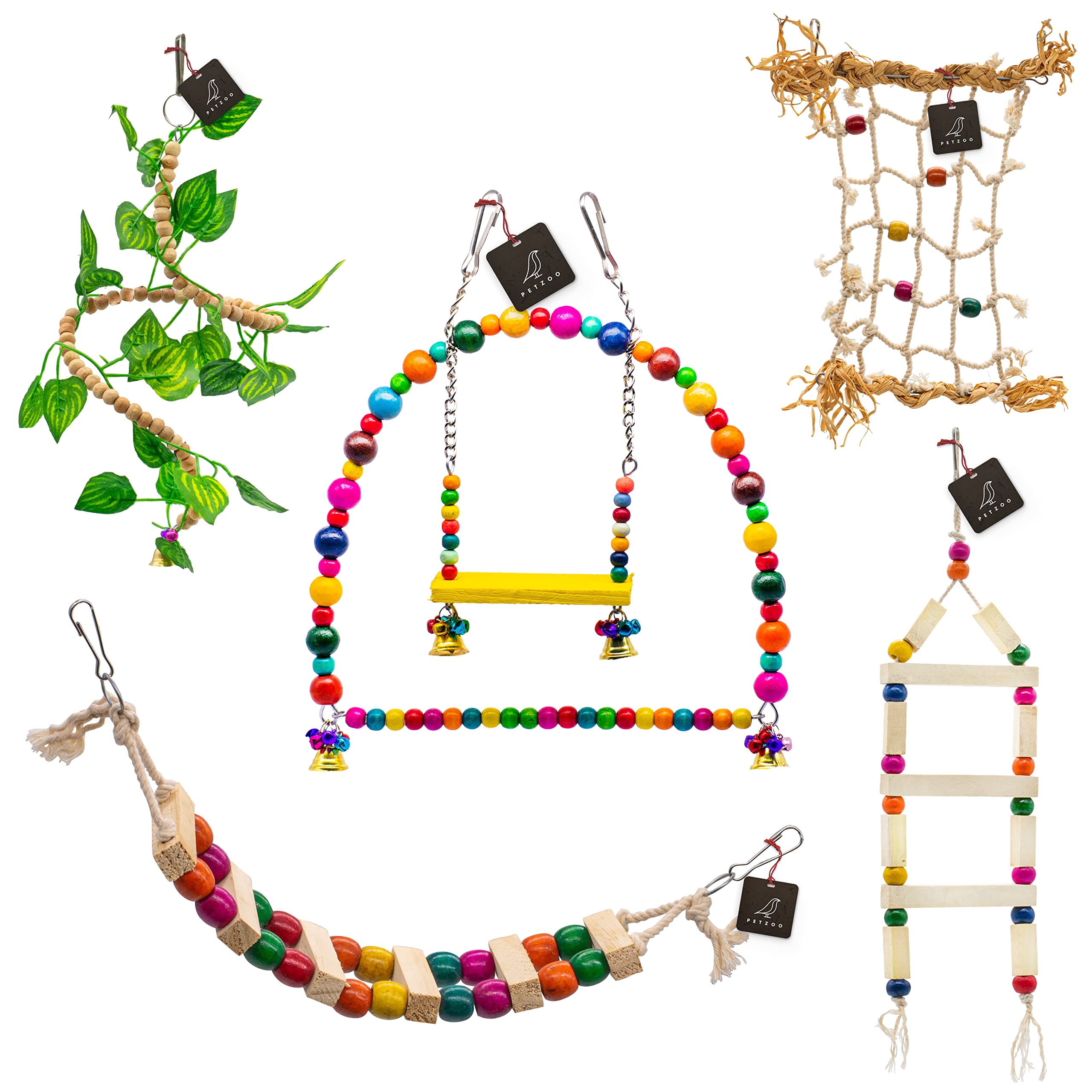 PETZOO Bundle of 5 Wooden Bird Toys Ladders, Swing, Bird Climbing Net, Paper Foraging Shradded Toy Resting Toy Chew Toy for Your Birds, Parrots, Finches, African Gray, Conure Activity (B0BTZ3QV1P) Amazon Price History, Amazon Price Tracker