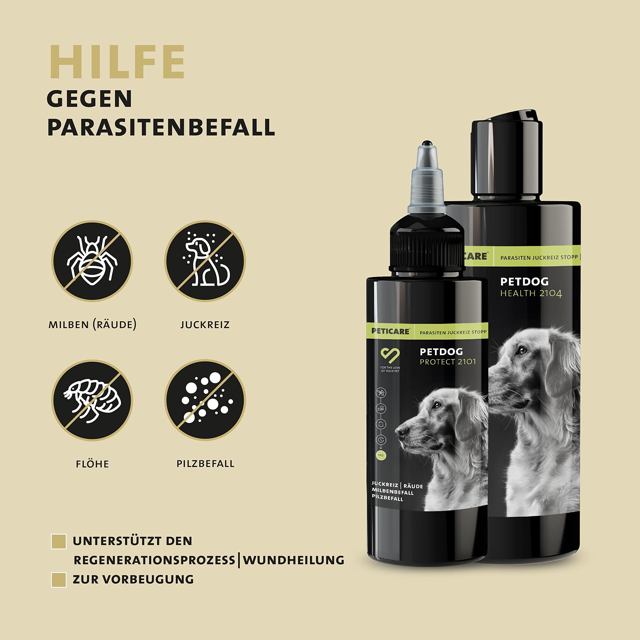 Peticare Anti-Parasiten Set für Hunde | gegen Milben Flöhe Pilze | lindert effektiv Juckreiz & unterstützt Regenerationsprozess | Pflege-Lotion 100 ml & Hunde-Shampoo 250 ml – petDog Set 2135