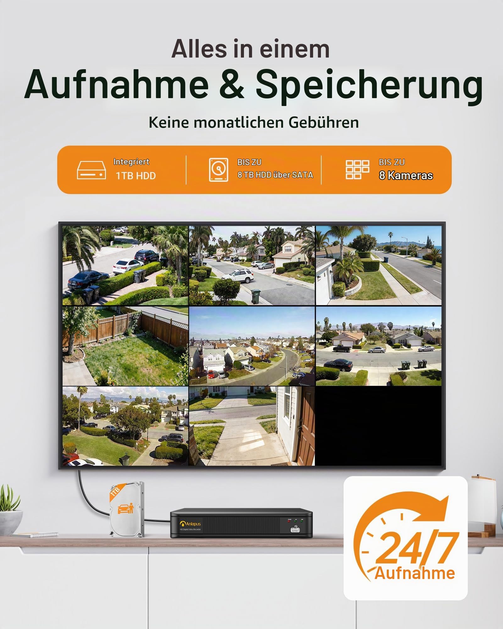 Anlapus 1080P HD Außen Video Überwachungssystem mit 1TB Festplatte 8CH 1080P H.265+ DVR mit 4 2MP Kamera für Haus Sicherheit, App/E-Mail-Alarm bei Bewegung