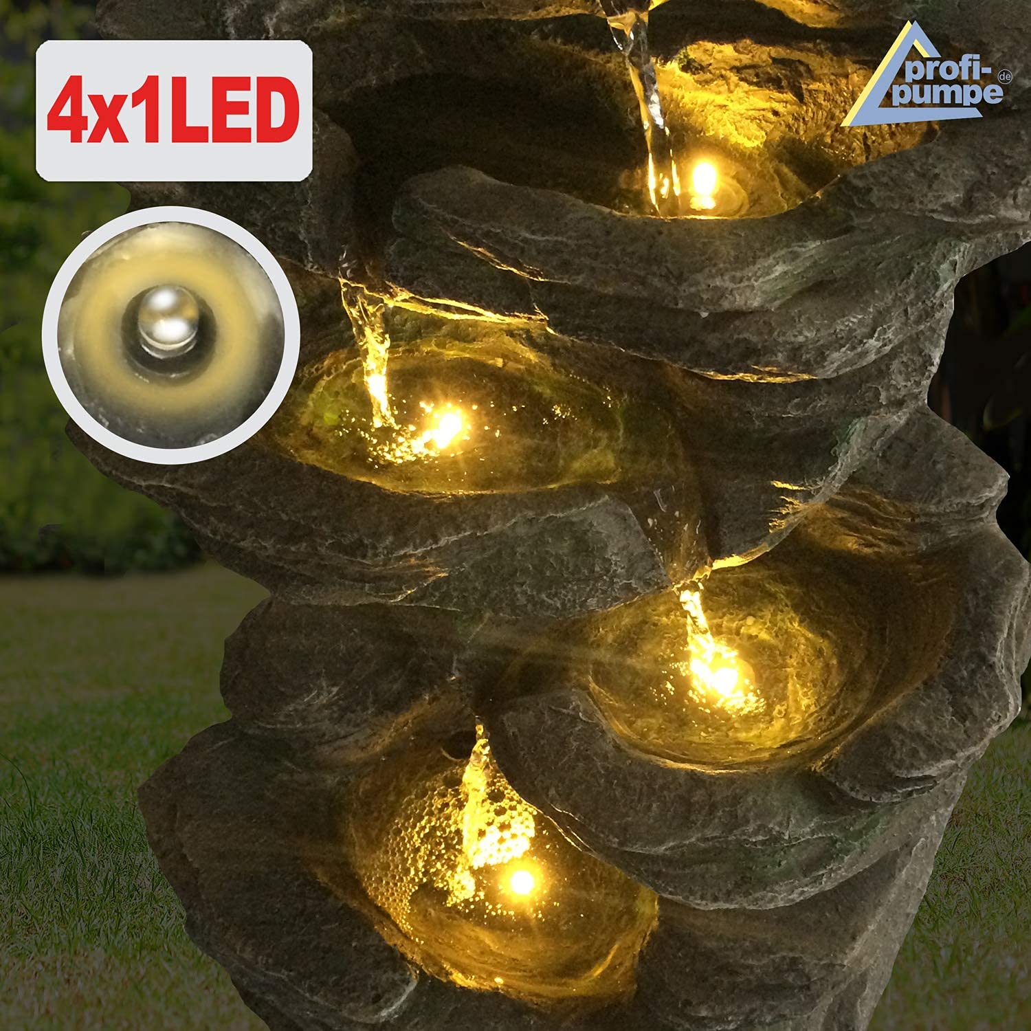 Solar Gartenbrunnen Brunnen Solarbrunnen Zierbrunnen Wasserfall Gartenleuchte Teichpumpe für Terrasse, Balkon, mit Pumpen, mit Liion-Akku & Led-Licht (KÖNIGS-FELS)