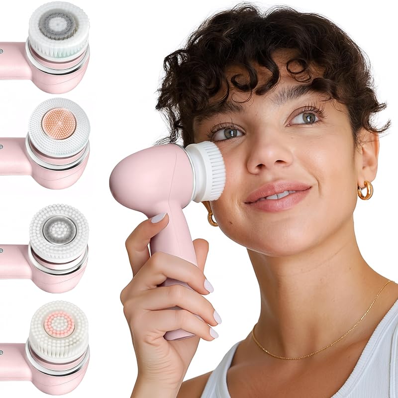 Vanity Planet Raedia 2.0 Escova Elétrica Portátil para Limpeza Facial com 4 Cabeças Intercambiáveis, Rosa