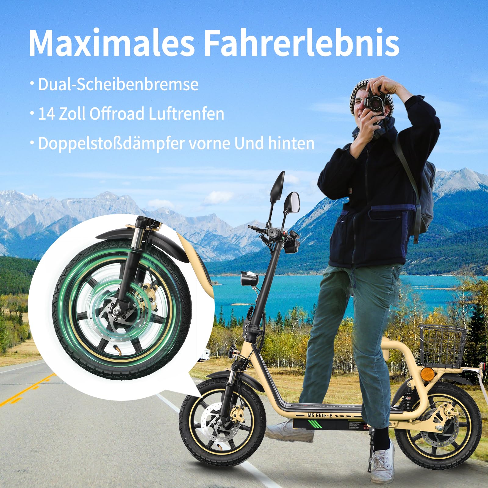 TWOFISH 14 Zoll Elektro Motorrad für Erwachsene, EEC Straßenzulassung, E Moped mit 500W Motor 48V 13Ah Akku, Disc Bremsen Doppelaufhängungg, 30 km Reichweite Max 120kg (Wüstenbeige)
