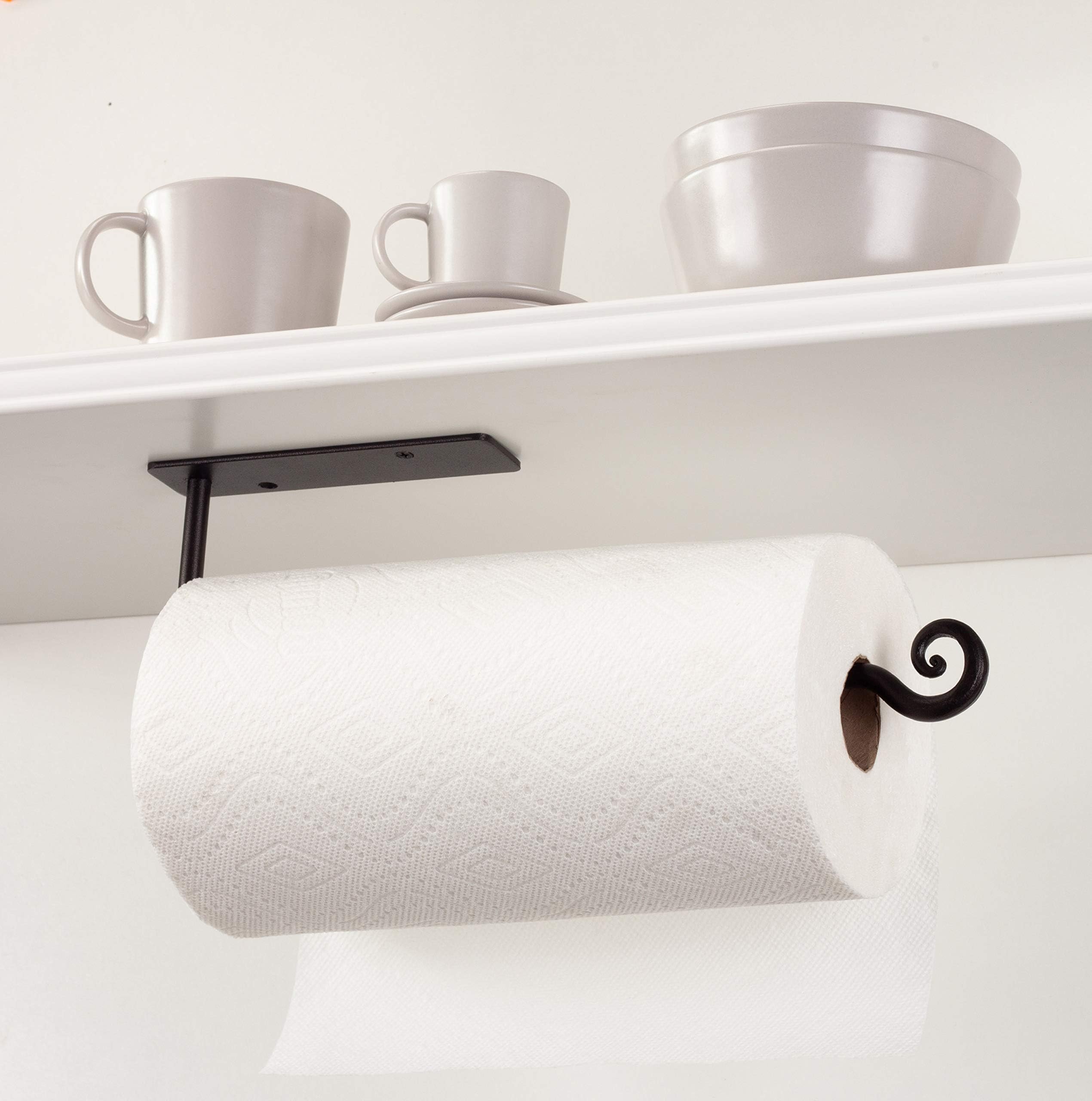 RTZEN Under Cabinet Paper Towel Holder - Wrought Iron Cute Black Farmhouse Decor Inside Cabinet or Under Counter - Paper Towel Holder for Kitchen or Under Sink Paper Towel Holder for Bathroom