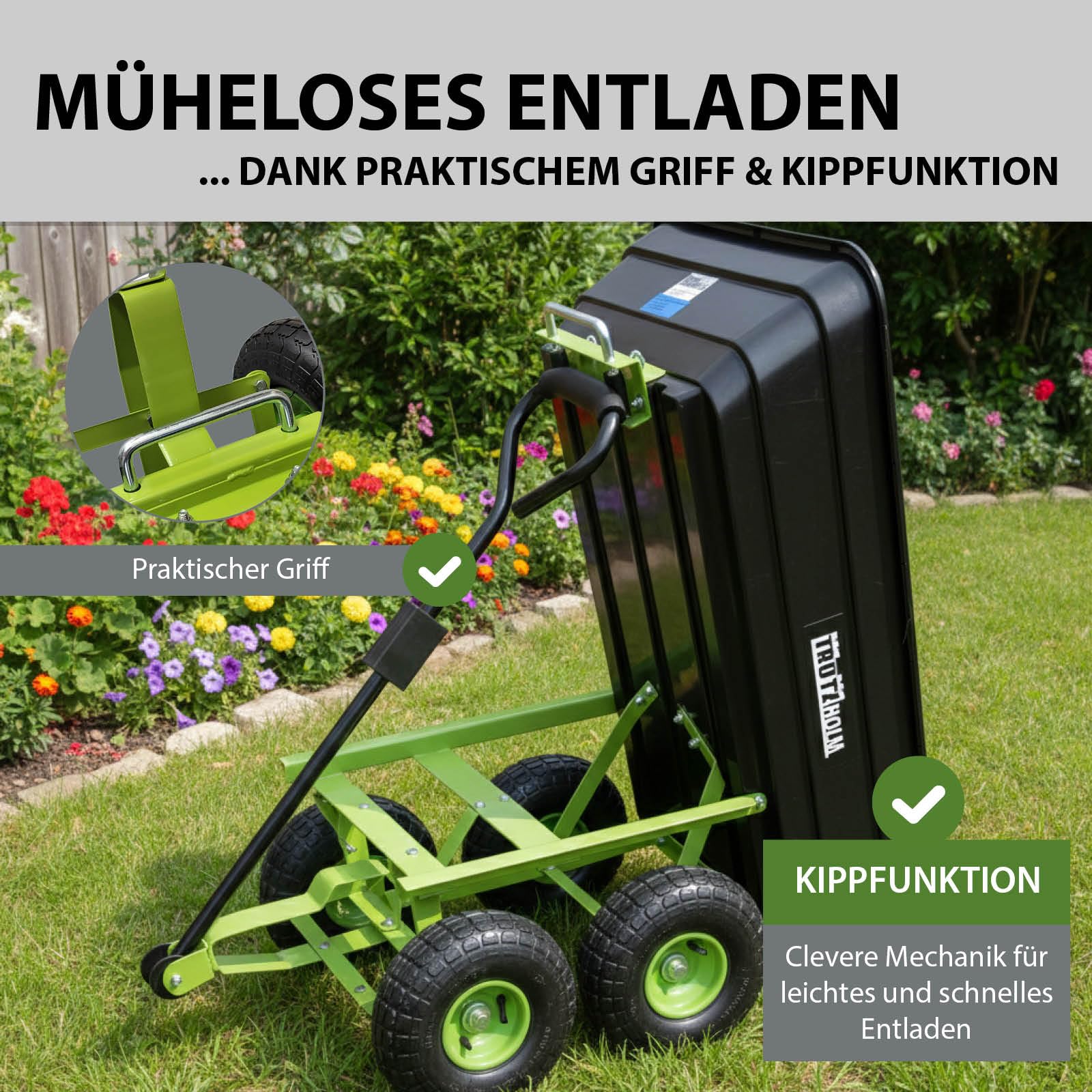TRUTZHOLM Gartenwagen mit Kippfunktion Tragkraft 300 kg | 75 Liter Kunststoffwanne mit Stahlgestell Handwagen mit wendiger Lenkachse Lufträder Handwagen Transportwagen Rollwagen für Garten