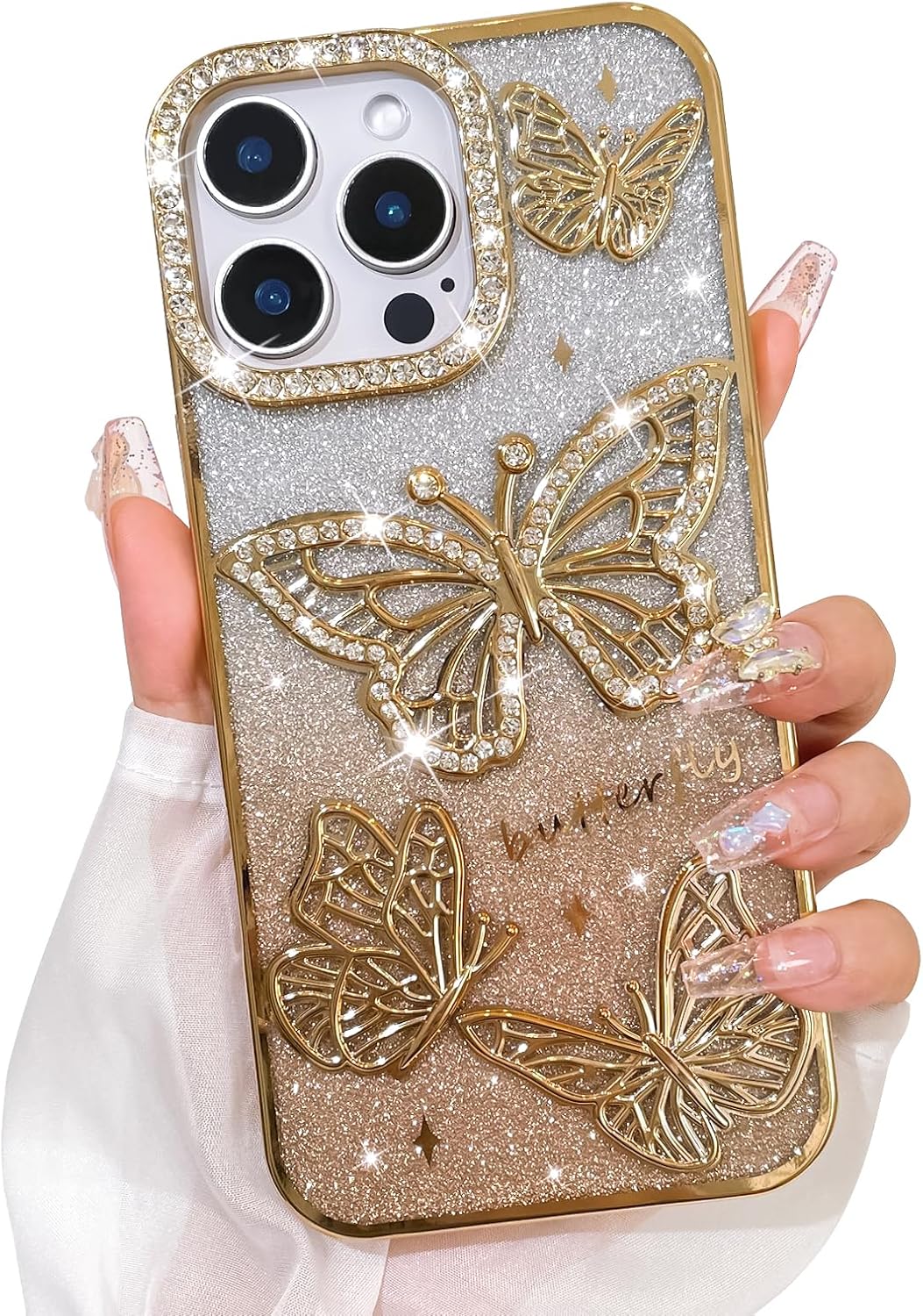 Bonoma Glitter Case for iPhone 14 Pro Max, Cute 3D Butterfly Pattern Plating Bling Case,Camera Protection Sparkly Slim Soft Back Cover for Women Girls,Gold