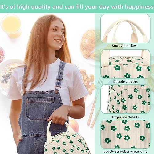 Miniatura 2 de LEDAOU - Caja de almuerzo para mujer, bolsa de almuerzo aislada, bolsa de mano de corduroy, bolsa de almuerzo a prueba de fugas, estuche de almuerzo