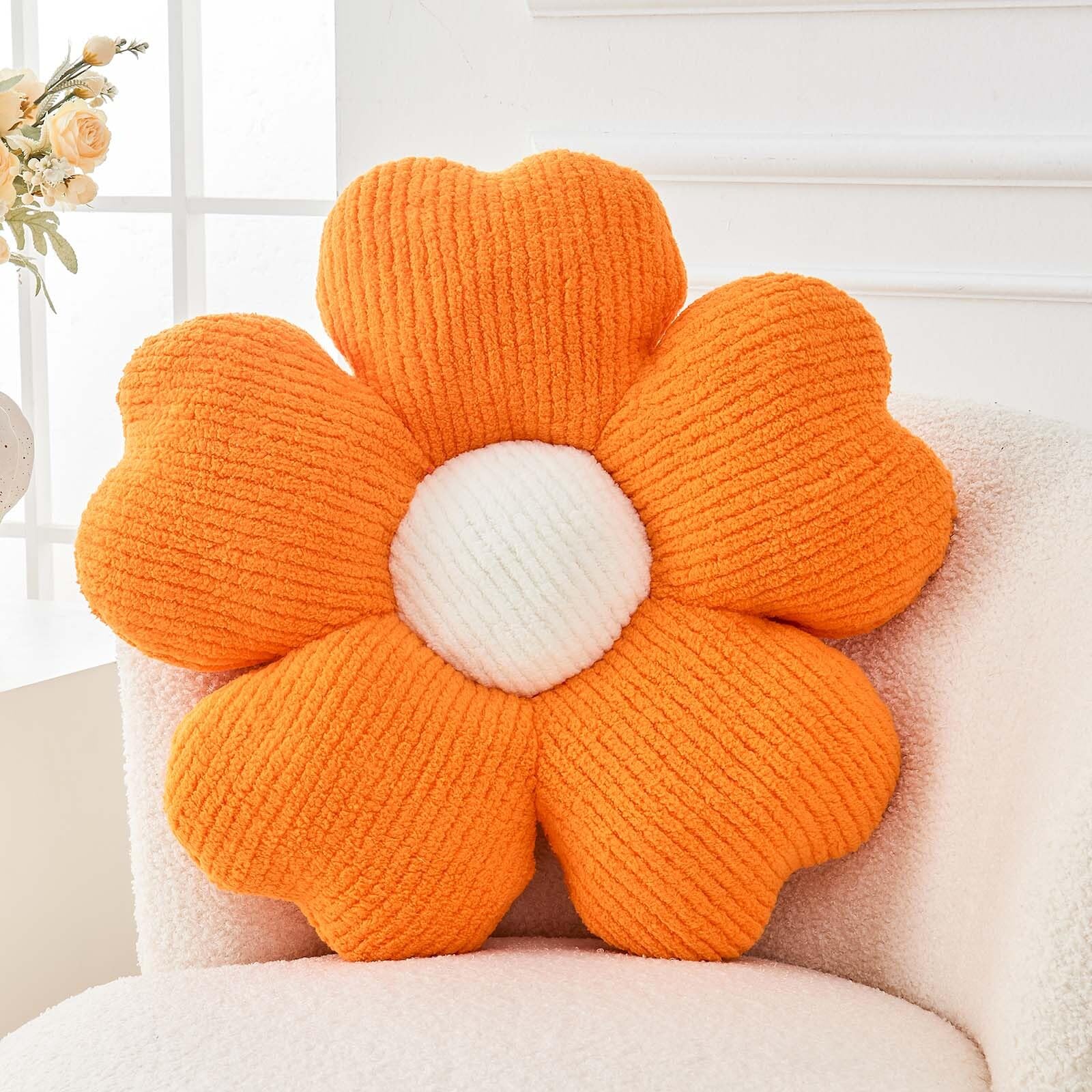 Kcvvcr Flower Throw Pillow, Cute Flower Shaped Pillow Decorative Throw Pillow for Bed Couch, Soft Daisy Pillows Floor Seating Cushion Cushions (19.6 Inch Orange)
