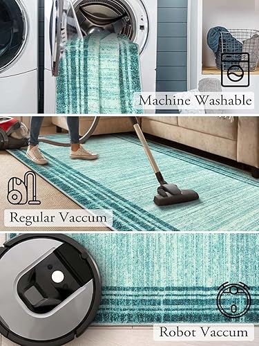 Miniatura 4 de Lahome Alfombra moderna abstracta verde azulado de 2.5 x 10 pies, lavable, antideslizante, resistente a las manchas, parte trasera de goma,