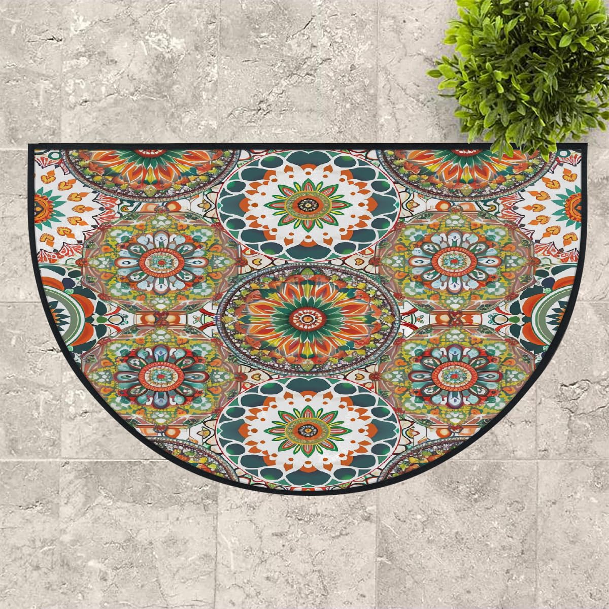 Mexpekil Paillasson géométrique mandala demi-lune pour intérieur et extérieur, antidérapant, lavable, absorbant, anti-saleté, 100 x 160 cm
