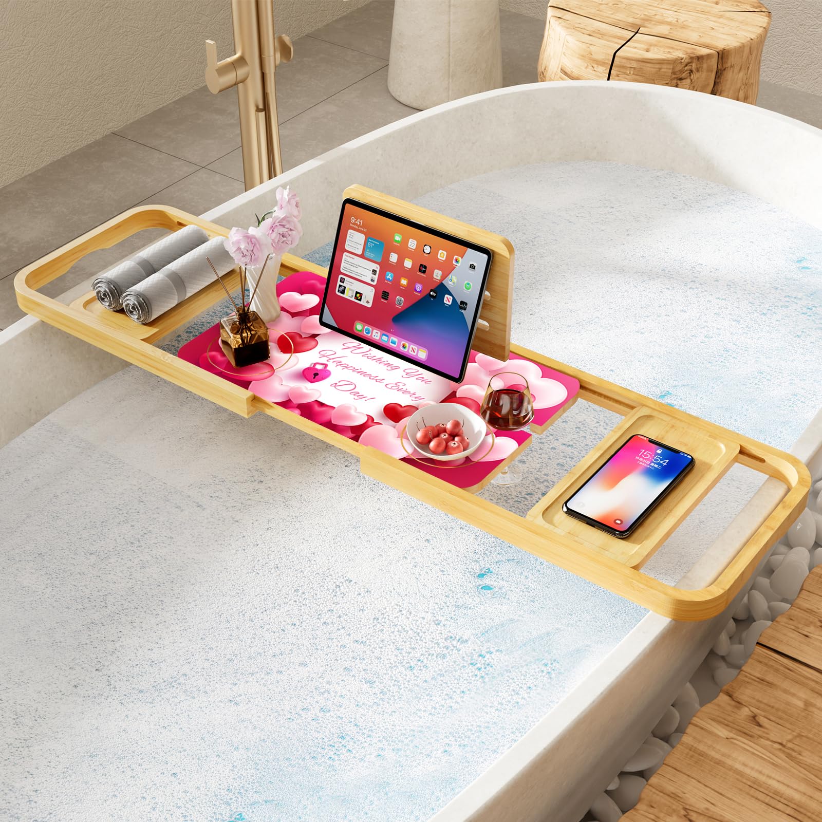 Bandeja para bañera de alta calidad, bandeja expandible para baño, mesa de baño ajustable de bambú, regalos únicos para inauguración de la casa, nuevo hogar, patrón de rosas en forma de corazón