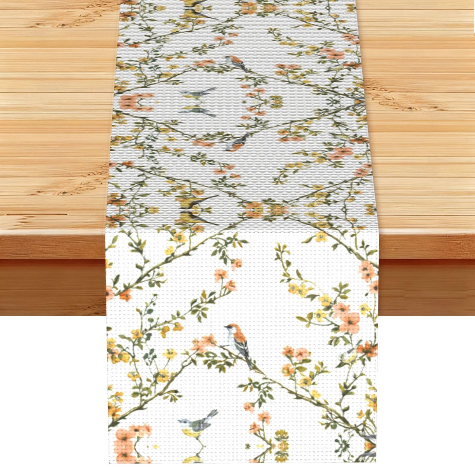 Fresh Pink Bird Sprigs Printed Table Runner 13 x 72, Wrinkle Resistant Decor for Dining Table Coffee Table Fireplace