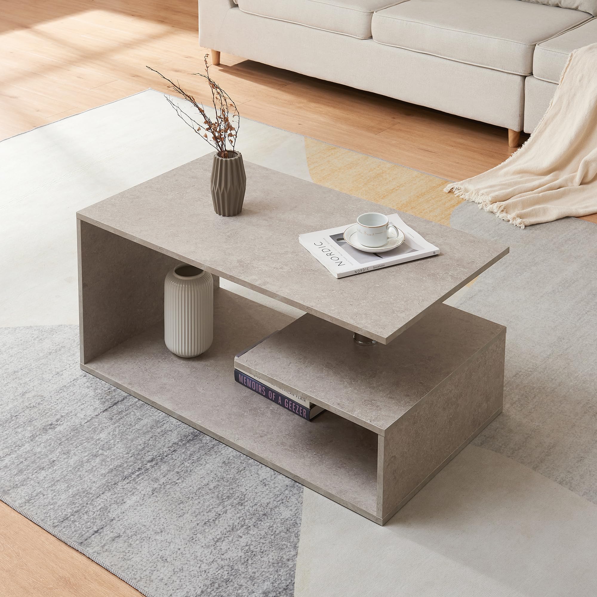 [en.casa] Table Basse de Salon Design Intemporel avec Étagère de Rangement Plateau Rectangulaire Surface de Stockage Panneau de Particules 90 x 50 x 41 cm Effet Béton Clair