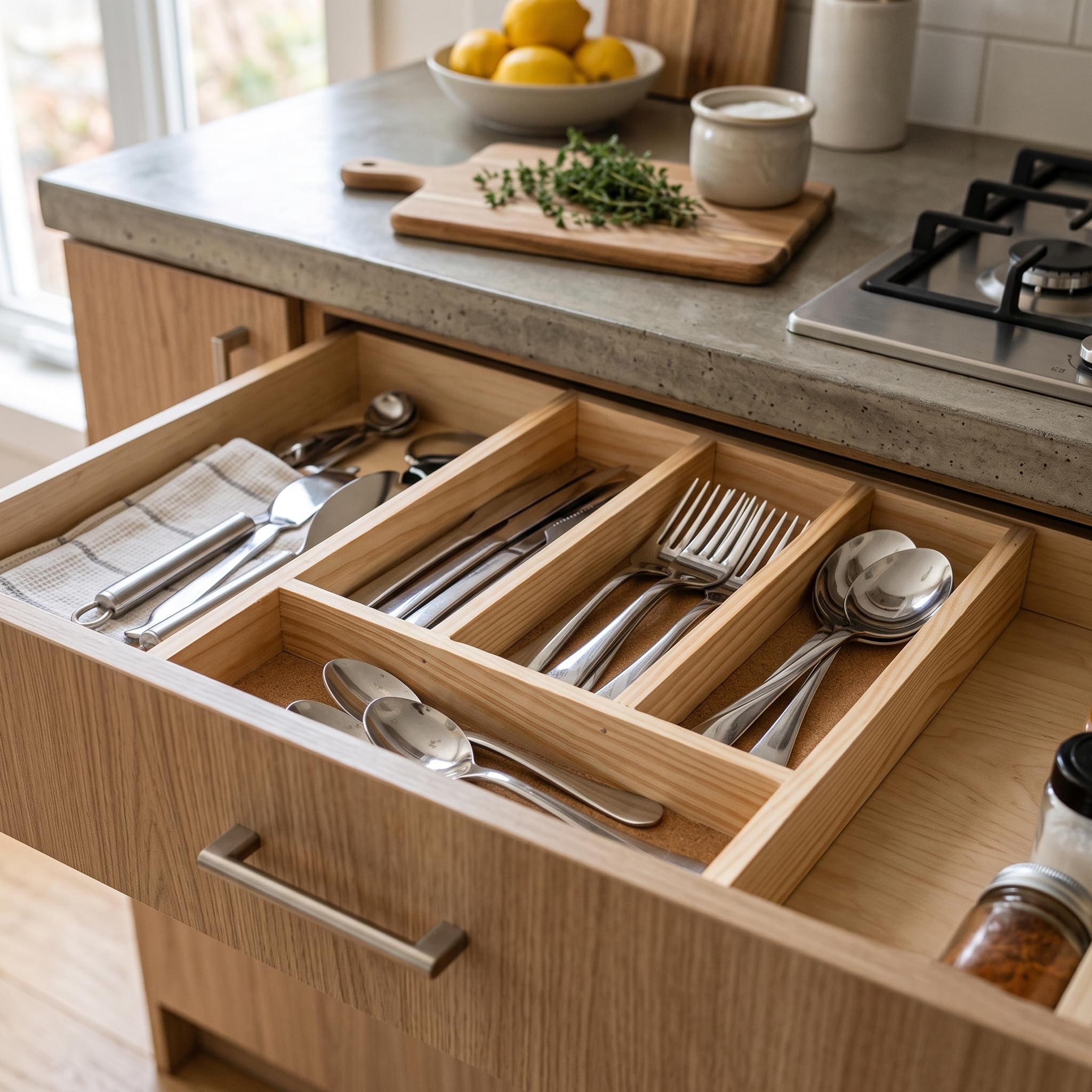 Space Home - Besteckschublade aus Holz - Besteckeinsätze - 4 Fächer - Organizer aus Holz - Besteckkasten fur Schubladen - Küchenorganizer