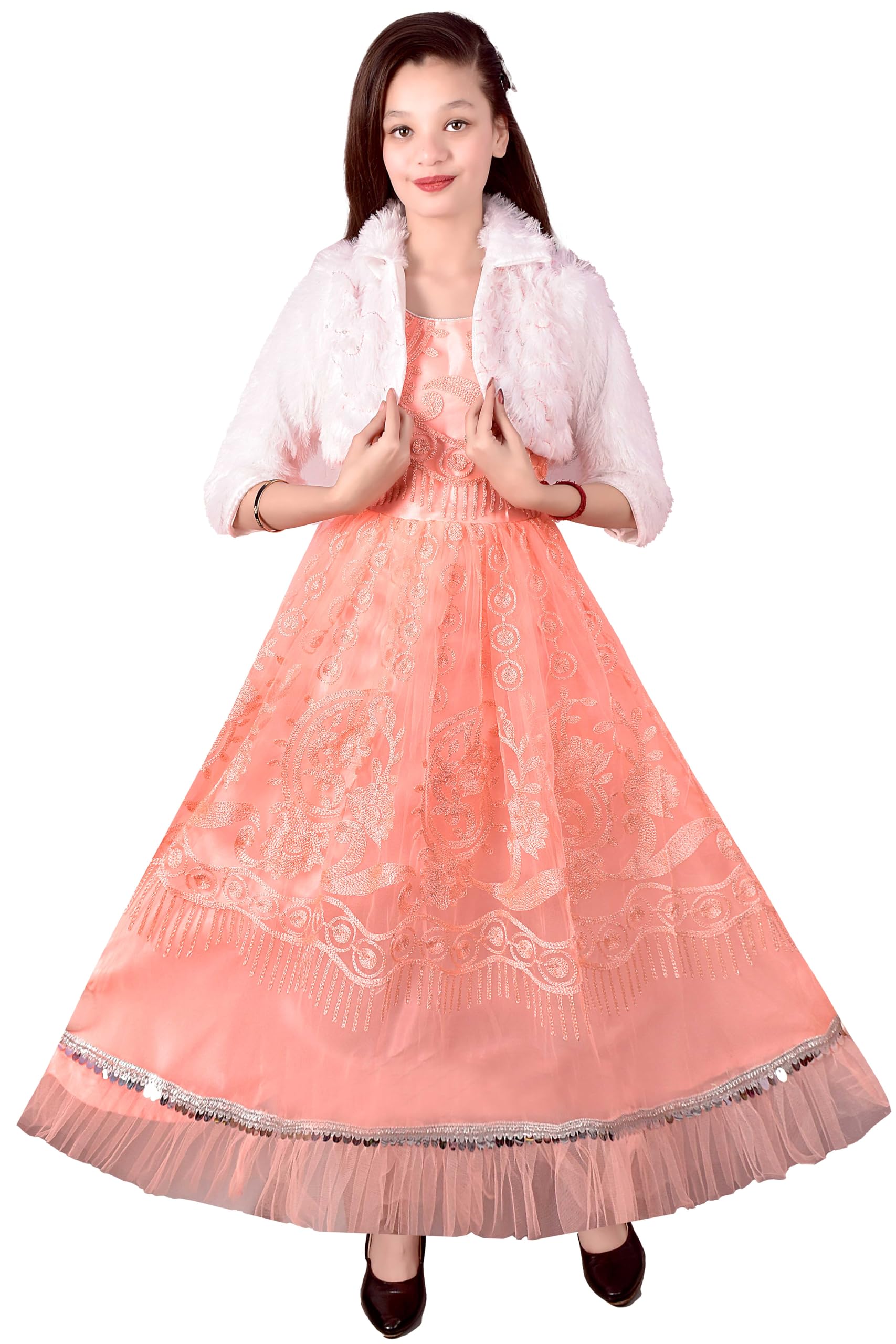 Kids Georgette Flared Gown for Girls with Fur Jacket Peach 9-10 Year-image-44