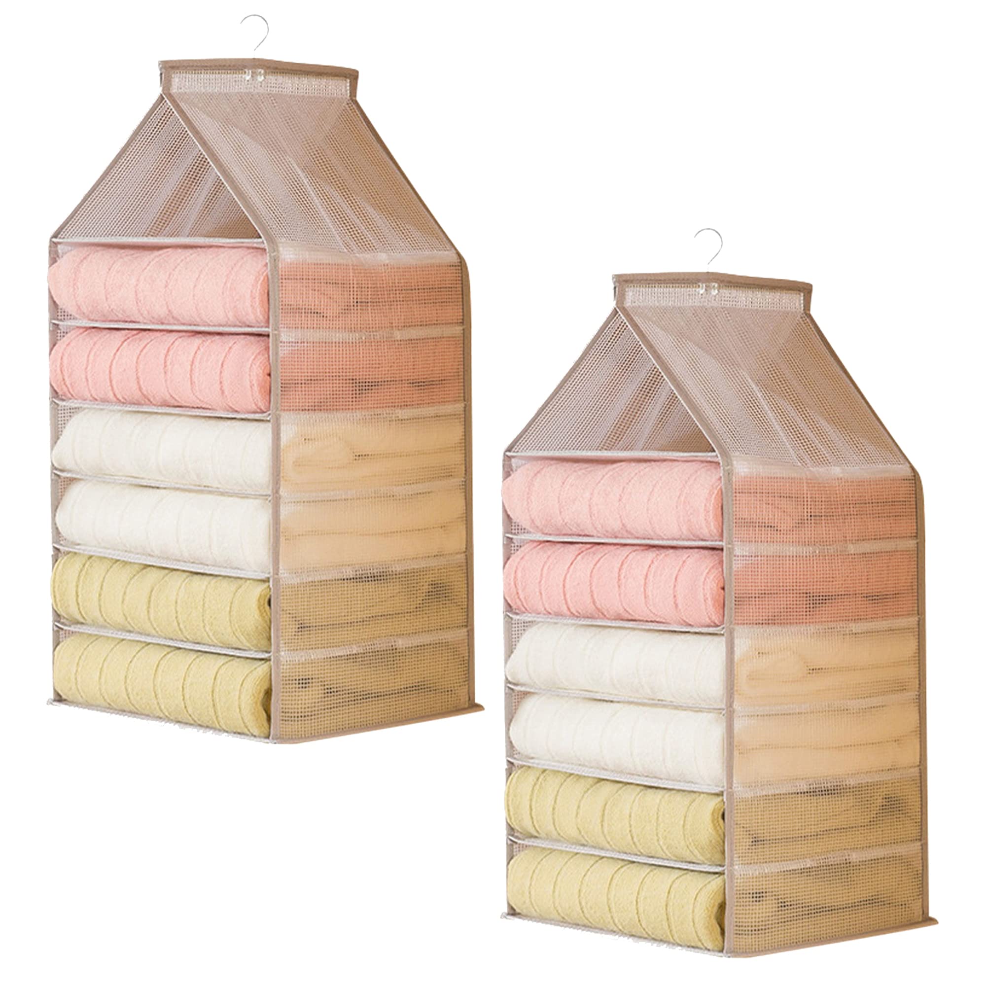 Manooby Pack of 2 Hanging Clothes Organiser System, Wardrobe for Jeans Trousers T-Shirt Shirts, Foldable Hanging Shelf Bag, Storage Bag Box, 25 x 22 x 50 cm x 6 Compartments