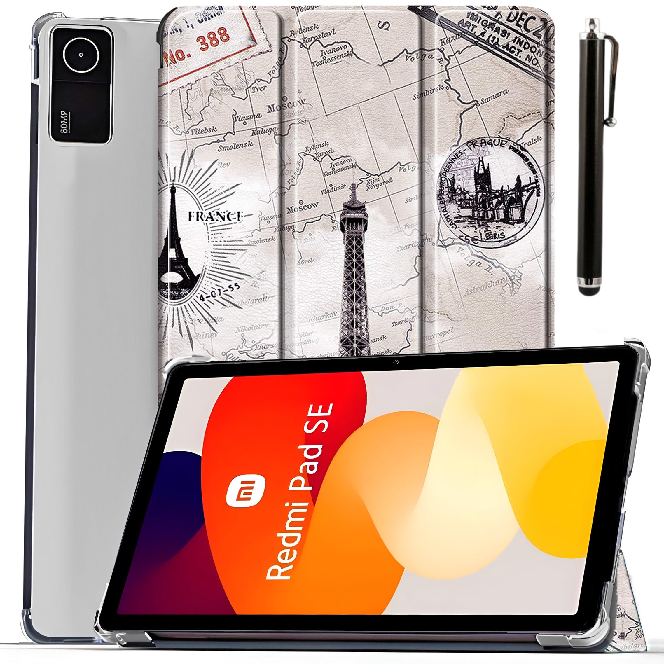 ProElite Case Cover for Redmi Pad SE 11 inch Cover, Smart Flip Case Cover for Redmi Pad SE 11 inch Translucent Back with Stylus Pen [Auto Sleep Wake Feature], Eiffel