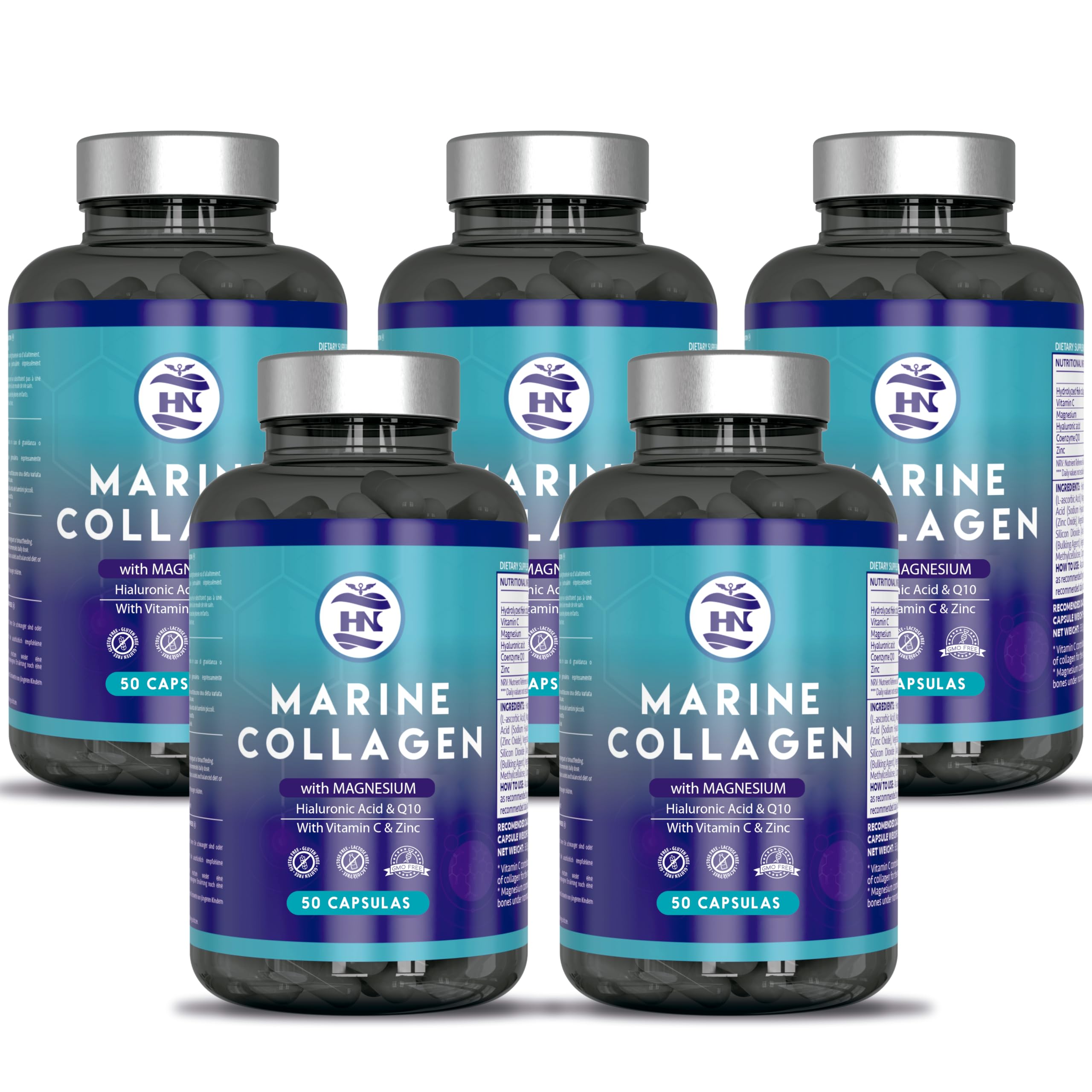 Collagen kapseln hochdosiert mit hyaluronic acid. kollagen kapseln mit Magnesium und Vitamin C - Coenzym Q10, Magnesium und Zink, Meereskollagen mit Hyaluronsäure (50 Kaps x 5 Dosen)