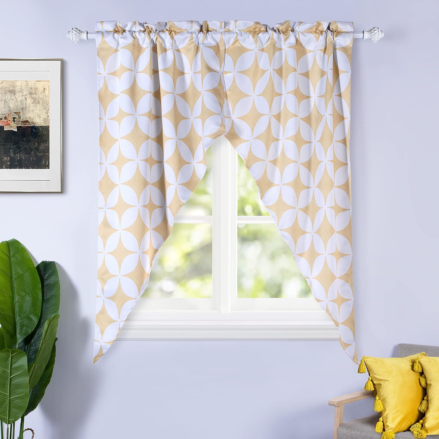 DriftAway Amelia Room Darkening Window Treatment for Bay Window Scalloped Swag Curtains Valance Geo Round Circle Star Pattern for Kitchen Tier Curtain Living Room Rod Pocket 2 Panels W33xL60 Yellow