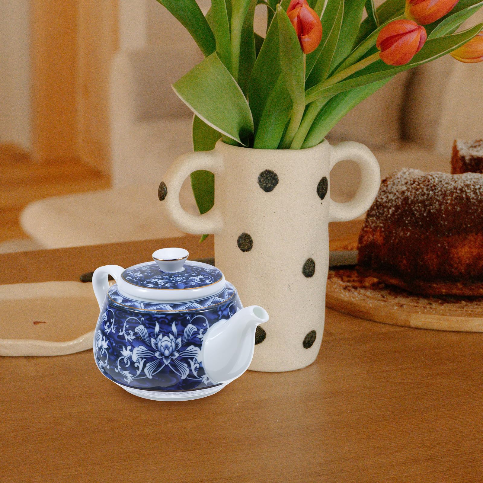 Tetera de Cerámica Azul Estilo Chino para Té, con Asa y Filtro