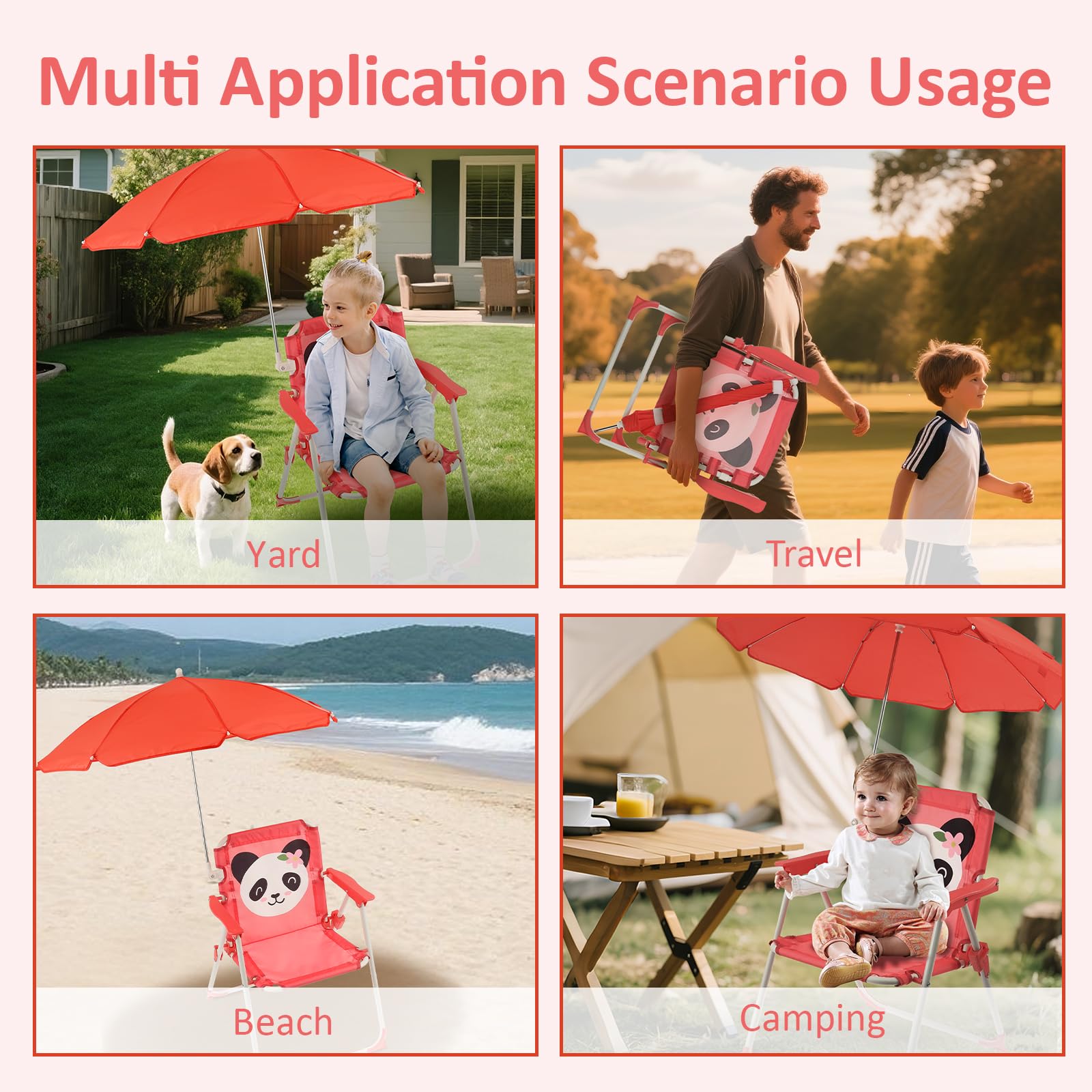 Sedia pieghevole per bambini, con ombrello, simpatico, animale, pieghevole, parasol, per bambini, da campeggio, con ombrellone, leggera, per parco, giardino, viaggi, esterni, patio (rosa)