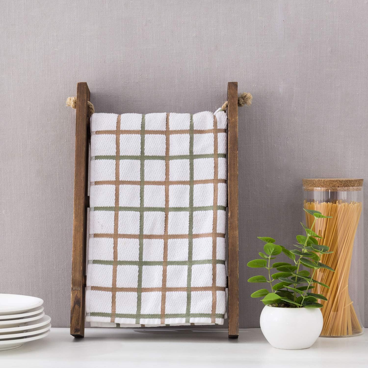 MyGift Rustic Dark Brown Wood Wall Hanging 3 Tier Hand Towel Ladder Rack, Bathroom Towel Storage Rack with Top Rope