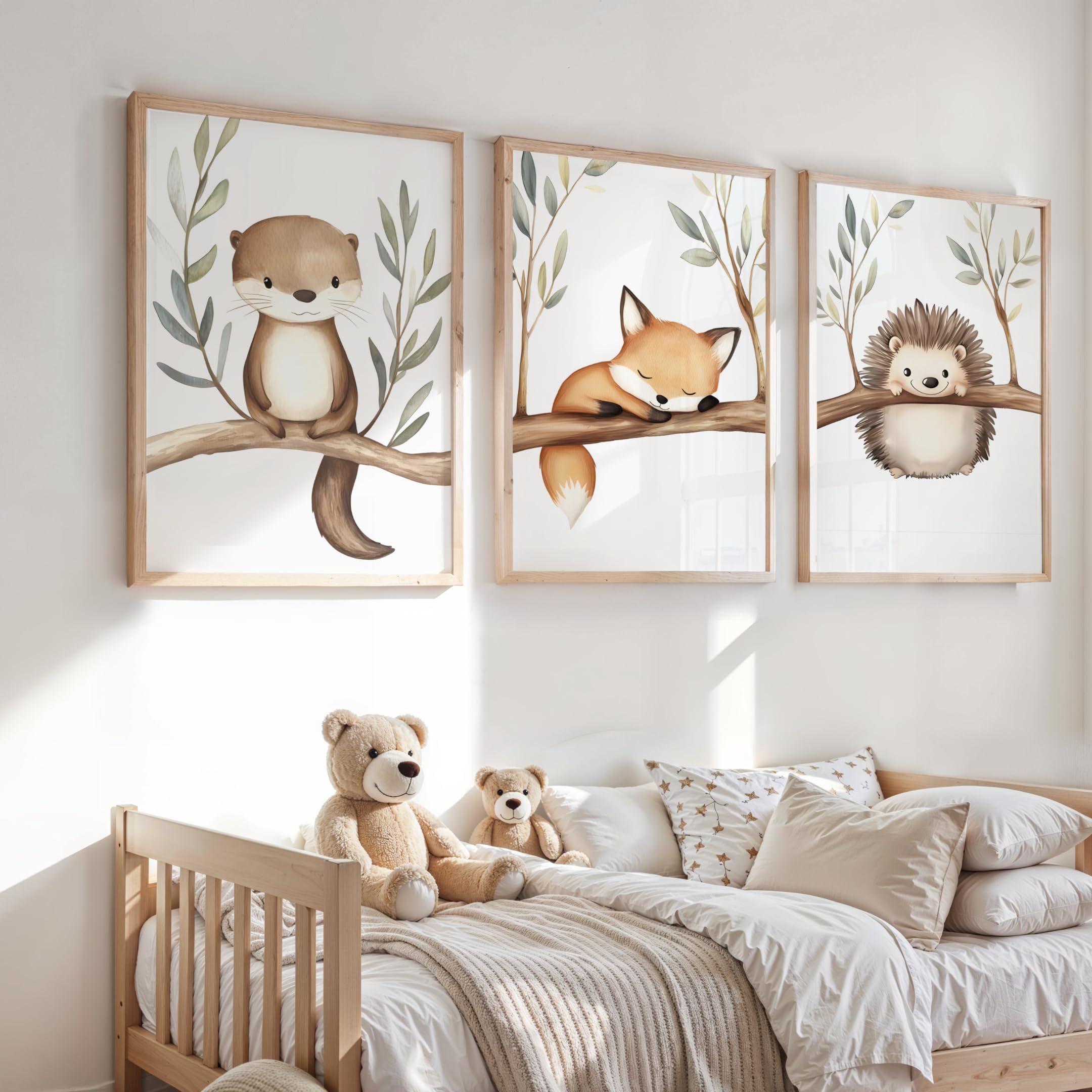 Generisch Waldtiere Poster Set Kinderzimmer – Otter, Fuchs & Igel Wandbilder – Babyzimmer Deko Mädchen & Jungen – Bilder Aquarell Tiere (DIN A3)