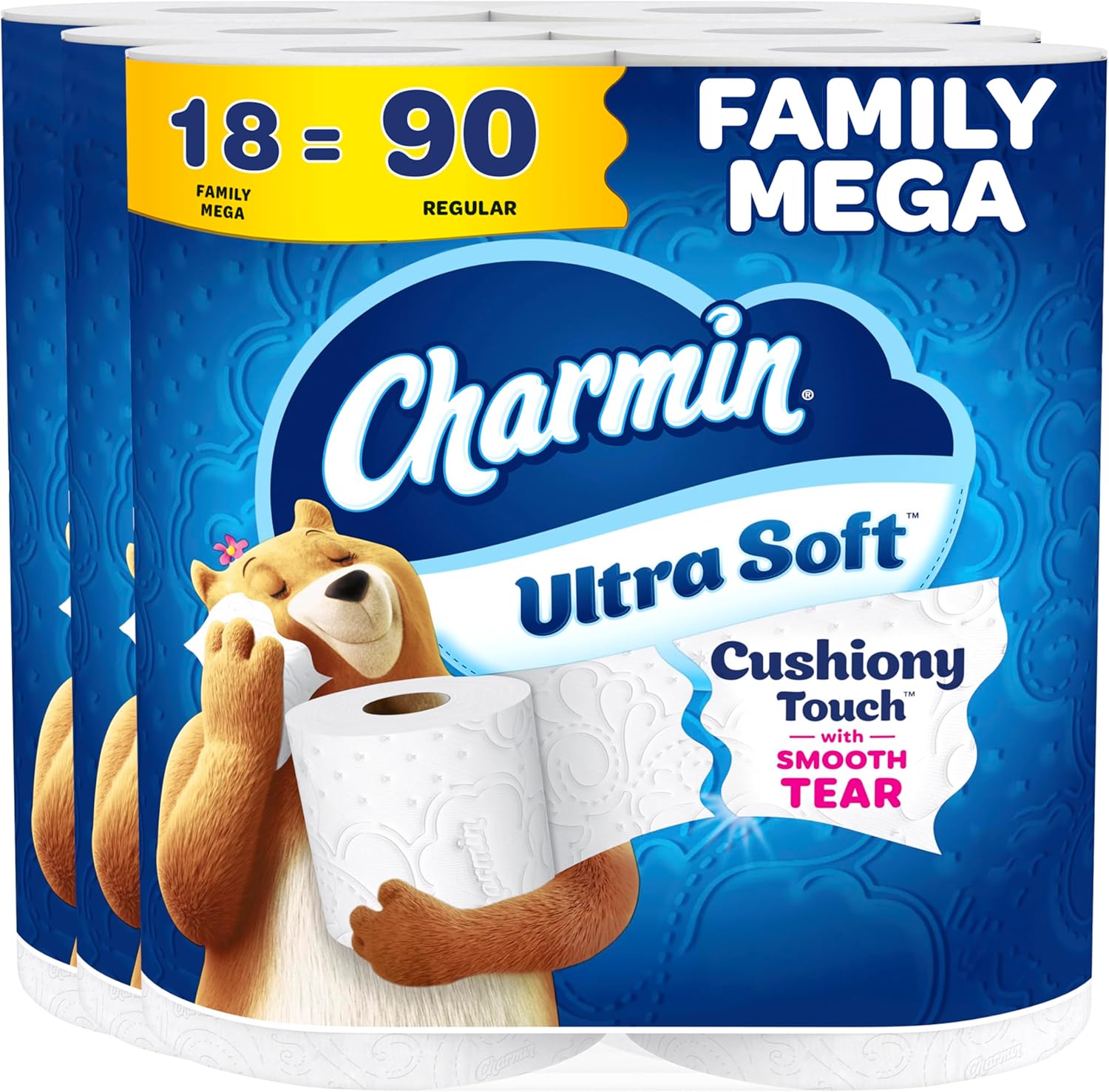 Charmin Ultra Soft Cushiony Touch Toilet Paper, 18 Family Mega Rolls = 90 Regular Rolls (Packaging May Vary) Family Mega 288 sheet (Pack of 18)