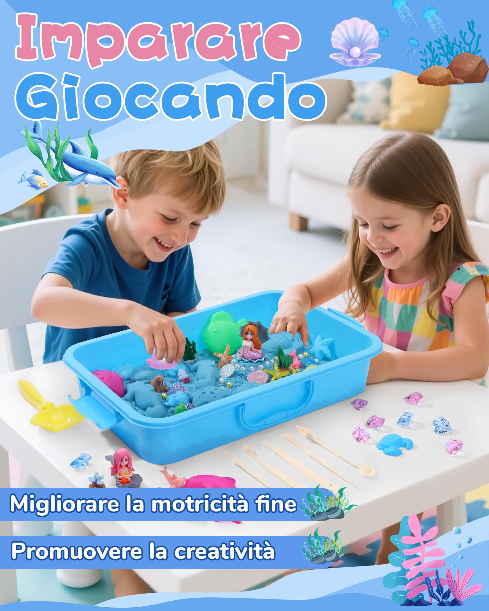 cycletour Magic Sand Set Ocean Series, set di sabbia magica, contiene 1 kg di sabbia magica blu, una sabbiera coperta e 47 giocattoli di sabbia, sabbia magica per bambini dai 3 anni in su
