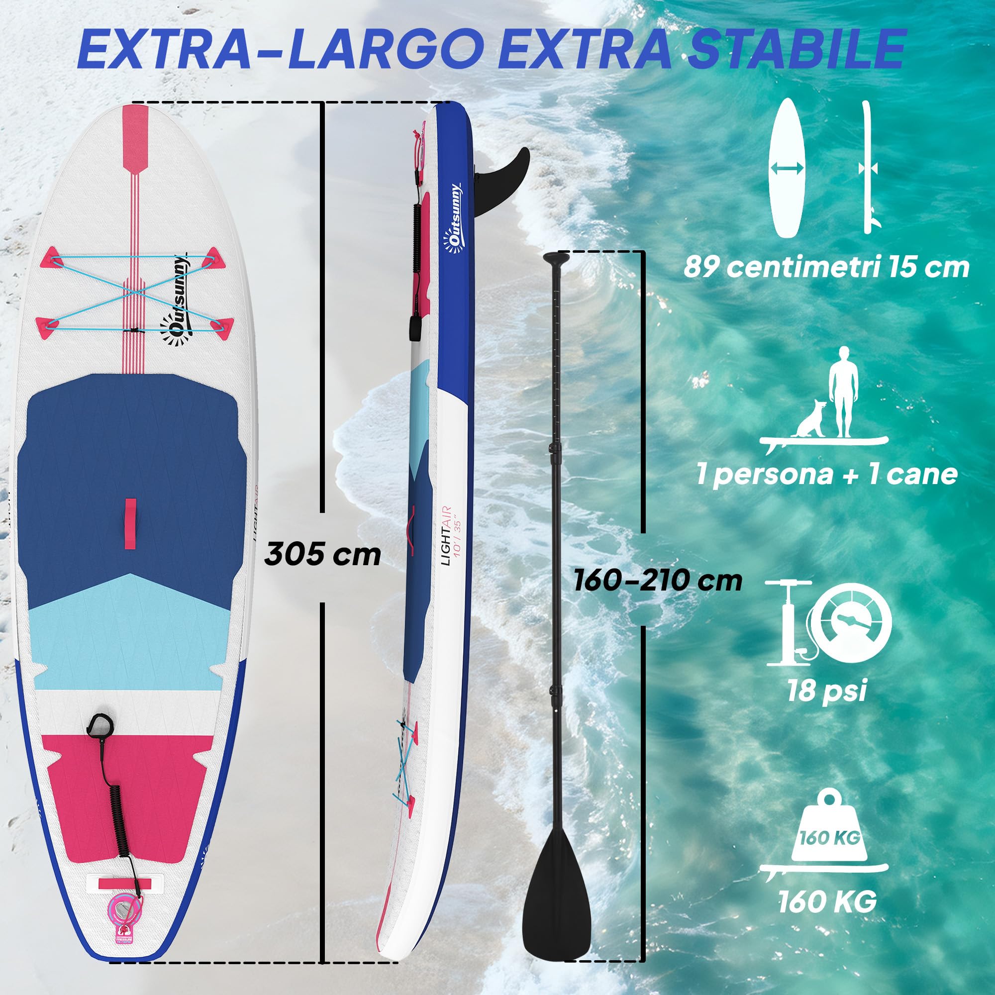 Outsunny Tavola Sup Gonfiabile Adulti, Stand Up Paddle Board con Ponte Antiscivolo in EVA, Pagaia in Alluminio Regolabile, Zaino, Pompa, Pinna Rimovibile, Carico 160 kg, 305x89x15cm, Tutti i Livelli
