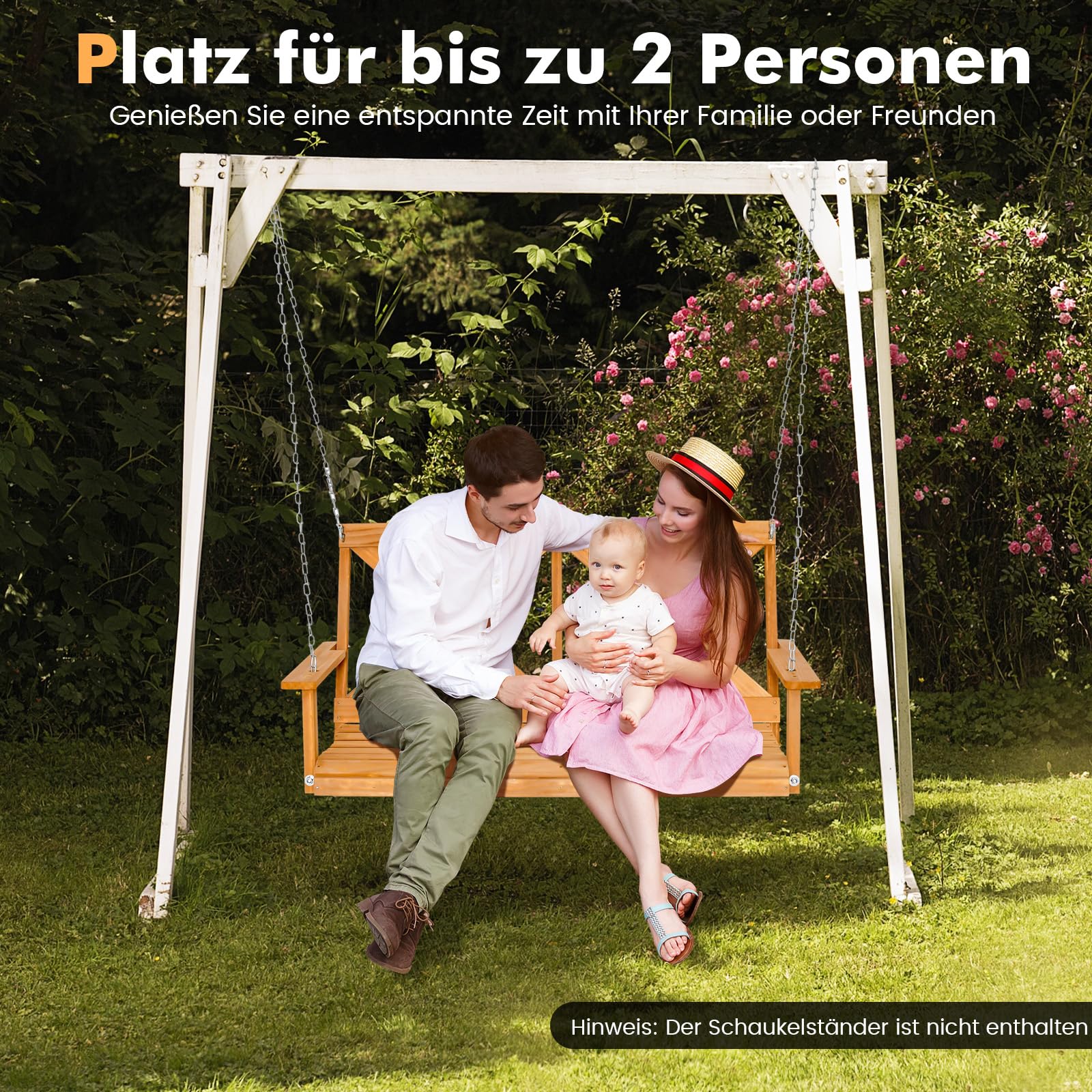 COSTWAY Hängebank aus Massivholz, 2-Sitzer Gartenschaukel zum Aufhängen, Hollywoodschaukel bis 240 kg belastbar, Outdoor-Schaukelbank für Terrasse, Garten, Hof, 134 x 60 x 65 cm, Natur