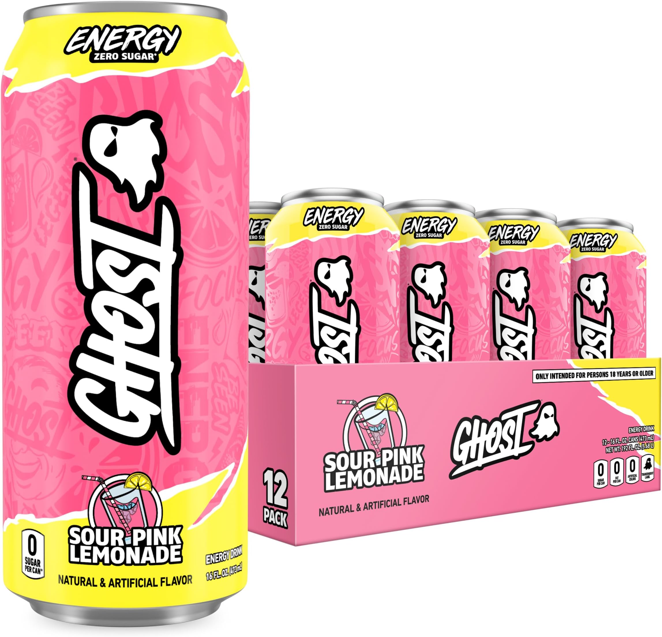 Energy Drink - 12-Pack, Sour Pink Lemonade, 16oz Cans - Energy & Focus & No Artificial Colors - 200mg of Natural Caffeine, L-Carnitine & Taurine - Gluten-Free & Vegan