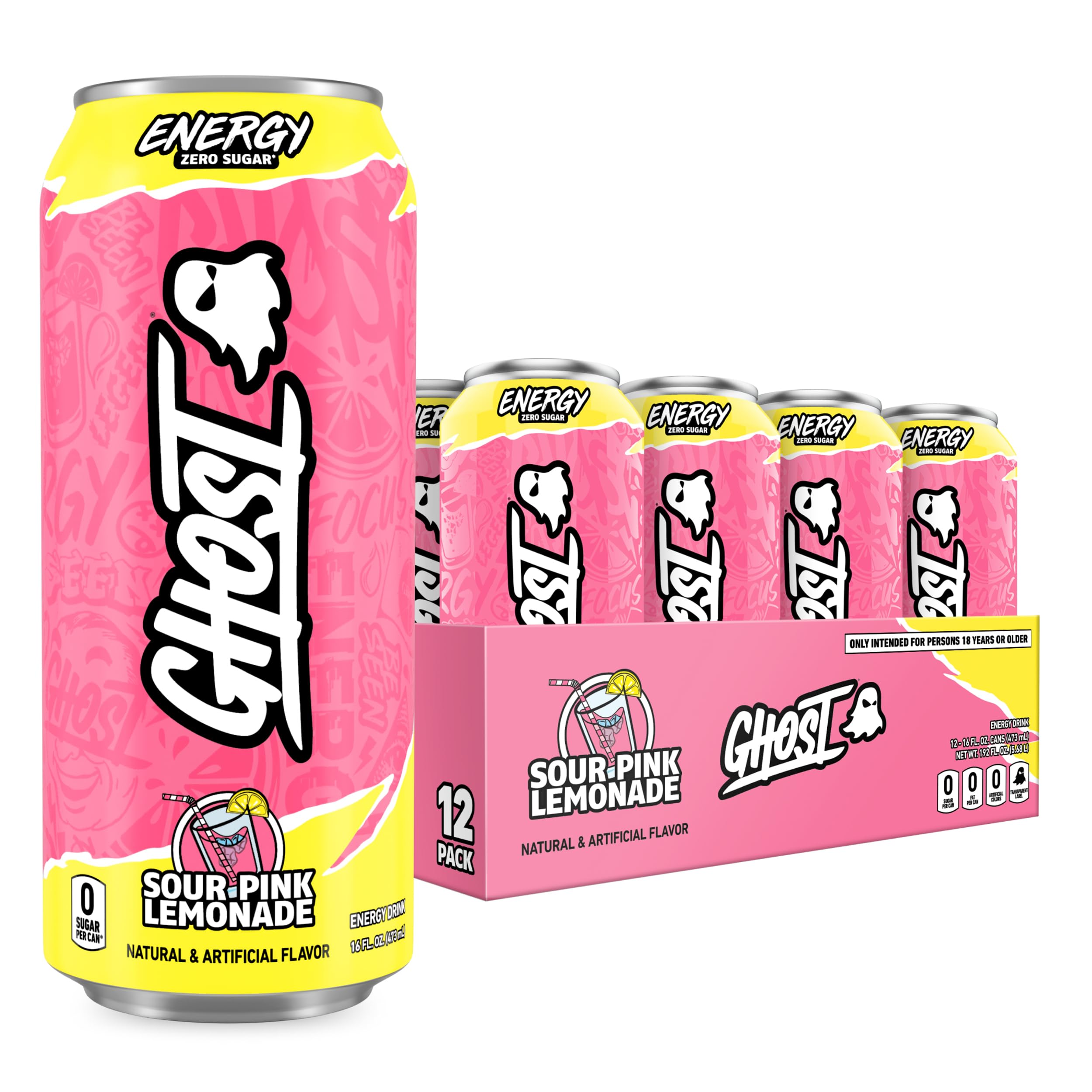 GHOST Energy Drink - 12-Pack, Sour Pink Lemonade, 16oz Cans - Energy & Focus & No Artificial Colors - 200mg of Natural Caffeine, L-Carnitine & Taurine - Gluten-Free & Vegan