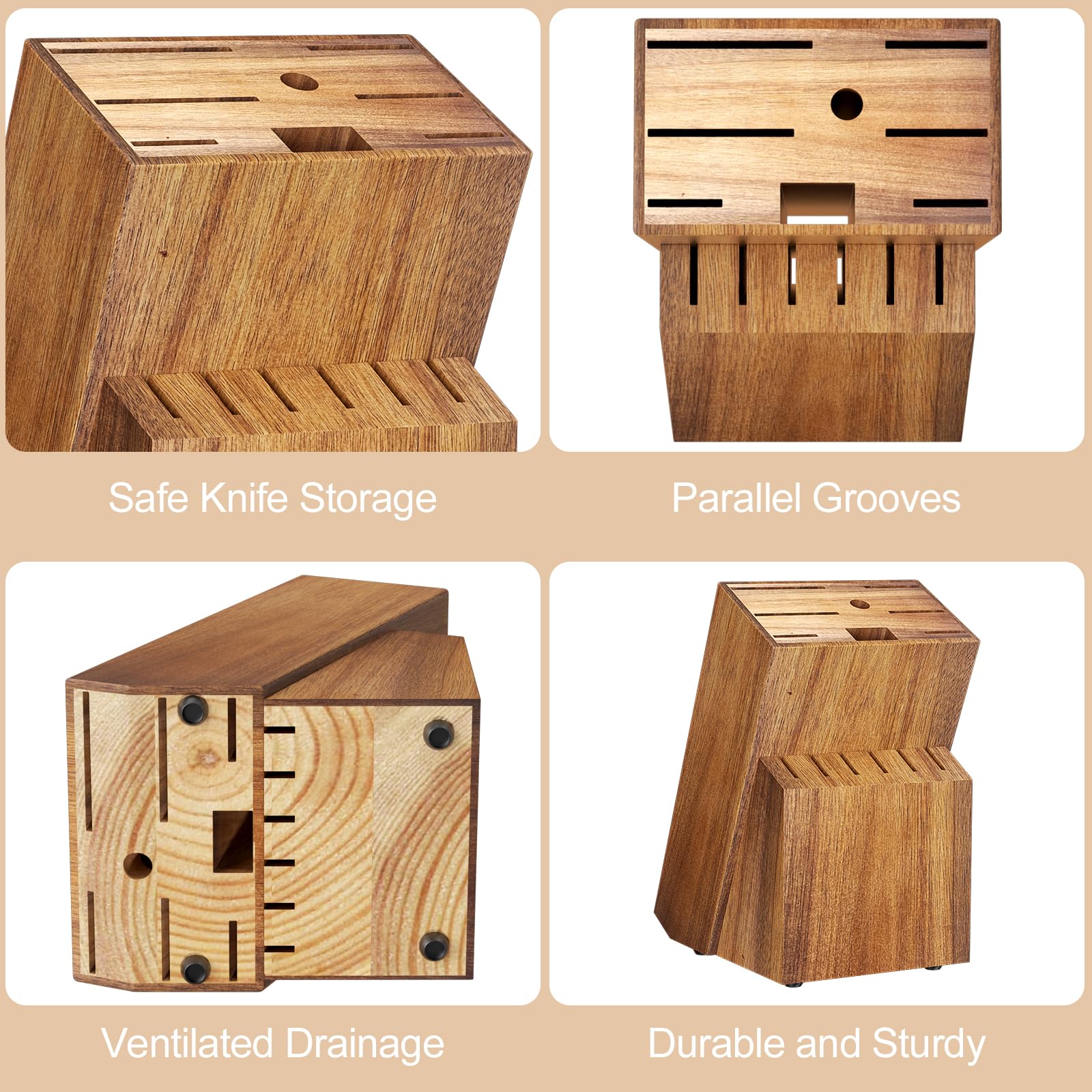 Range Couteaux de Cuisine, Bloc à Couteaux en Bois, Porte Couteau Universel, 14 Fentes, Bloc Couteau de Cuisine Vide avec Aiguiseur Intégré et Ciseaux, Pieds Antidérapants, Pin