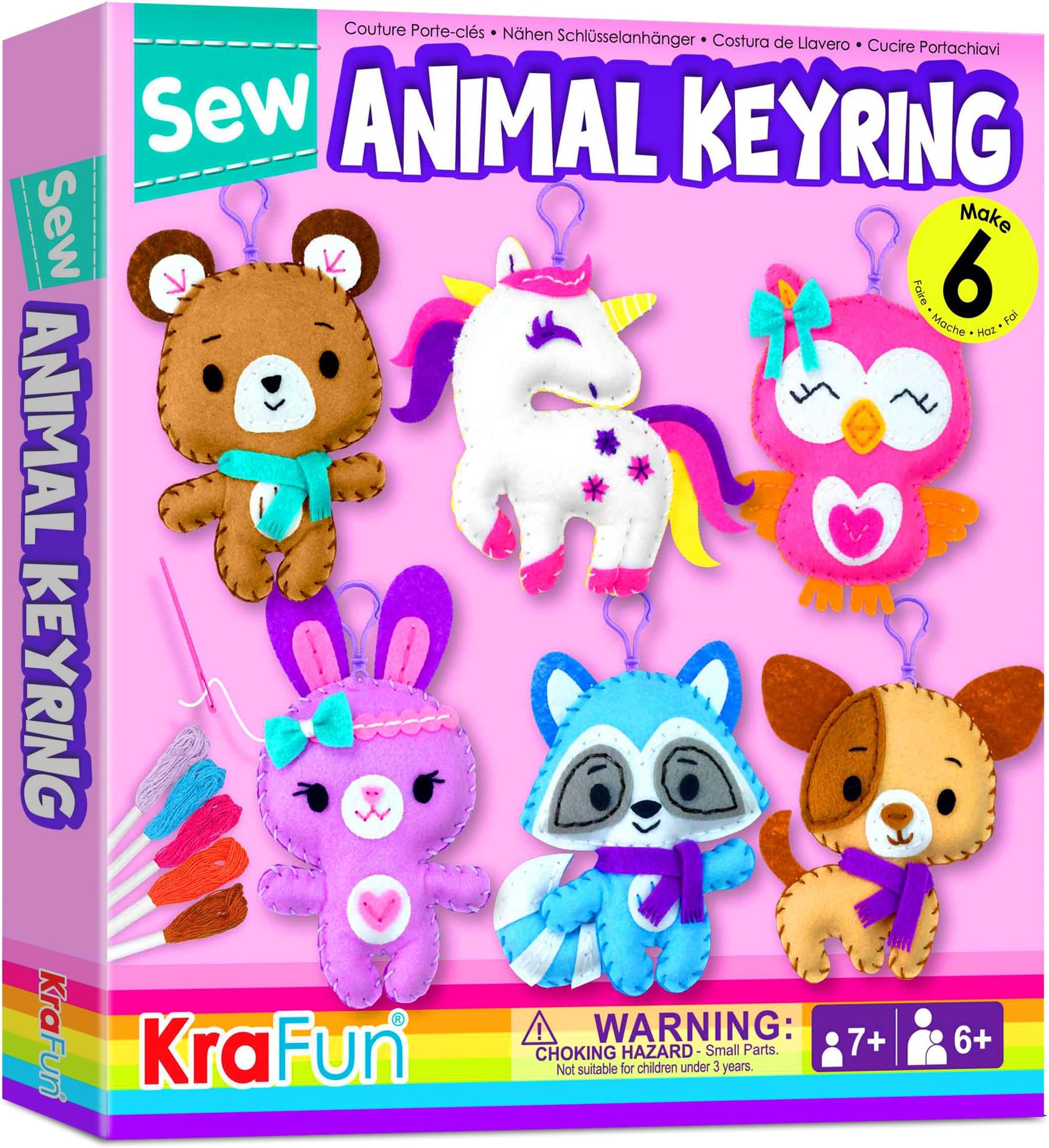 KRAFUN Unicorn Sewing Keyring Kit for Kids Age 7 8 9 10 11 12 Learn Art & Craft, Includes 6 Stuffed Animal Bear, Dog, Rabbit, Raccoon, Owl Dolls, Instruction & Felt Materials