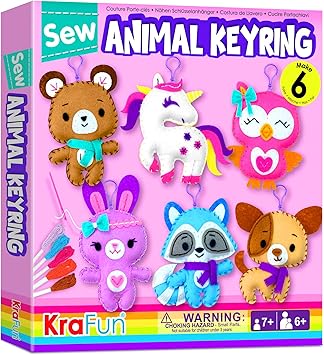 KRAFUN Unicorn Sewing Keyring Kit for Kids Age 7 8 9 10 11 12 Learn Art & Craft, Includes 6 Stuffed Animal Bear, Dog, Rabbit, Raccoon, Owl Dolls, Instruction & Felt Materials