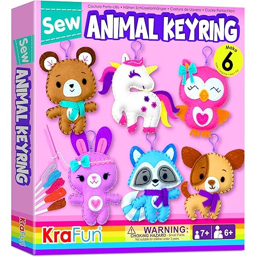 KRAFUN Unicorn Sewing Keyring Kit for Kids Age 7 8 9 10 11 12 Learn Art & Craft, Includes 6 Stuffed Animal Bear, Dog, Rabbit, Raccoon, Owl Dolls, Instruction & Felt Materials
